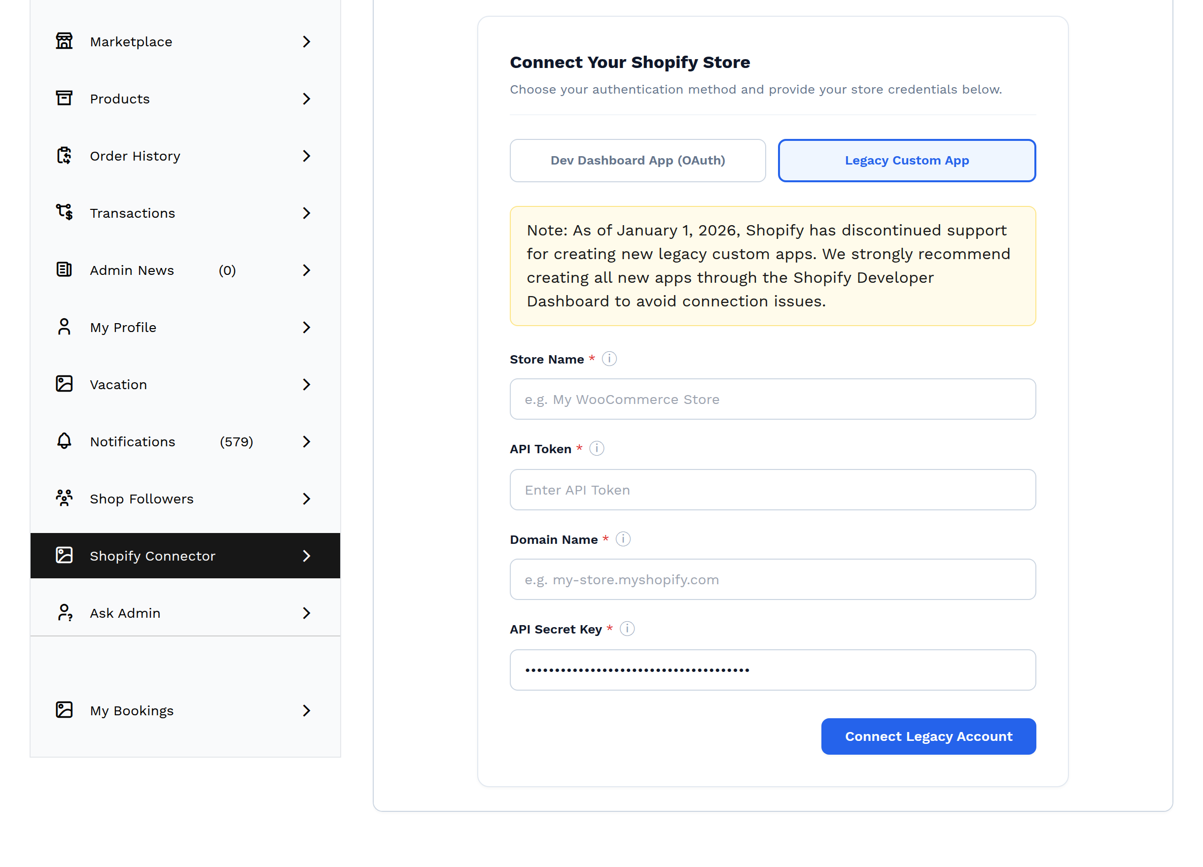 The Add Shopify Account form on the Legacy Custom App tab