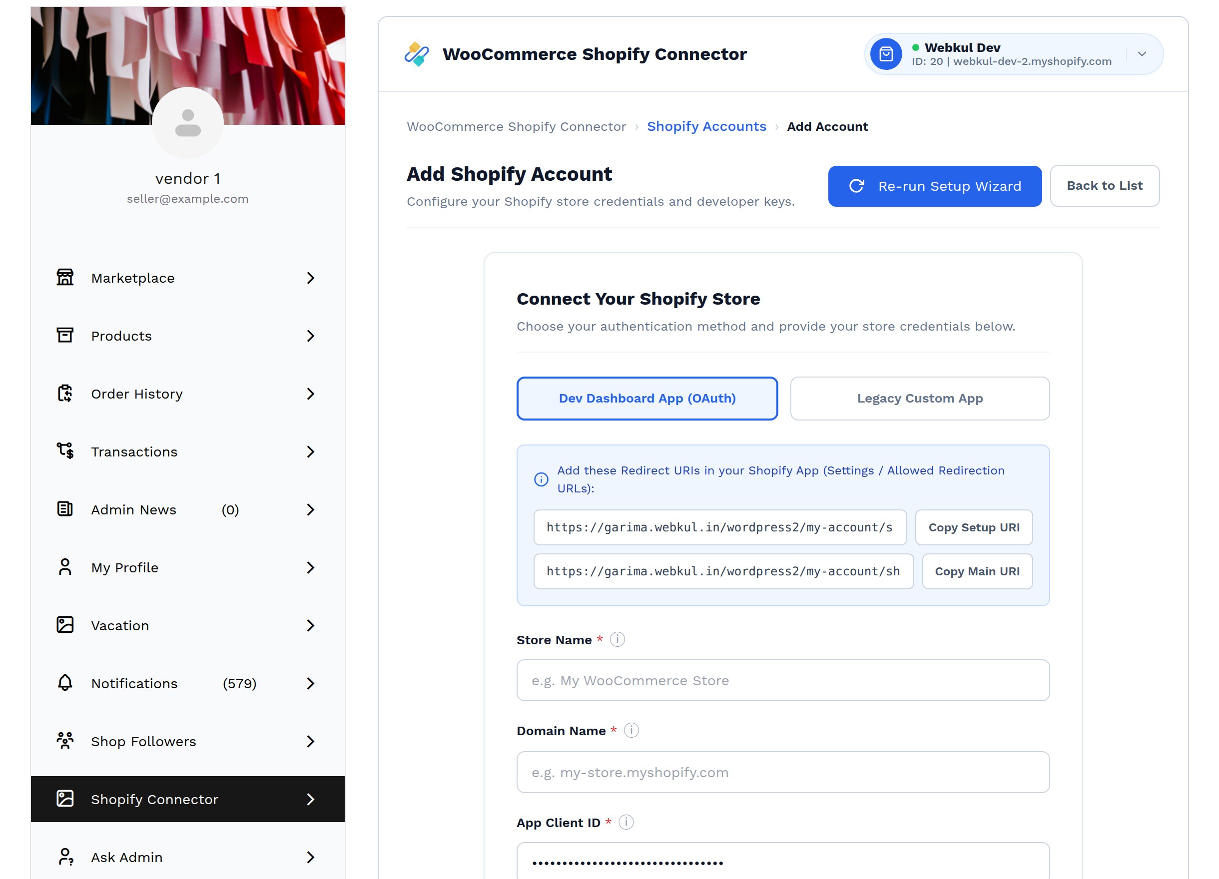 The Add Shopify Account form on the Dev Dashboard App (OAuth) tab