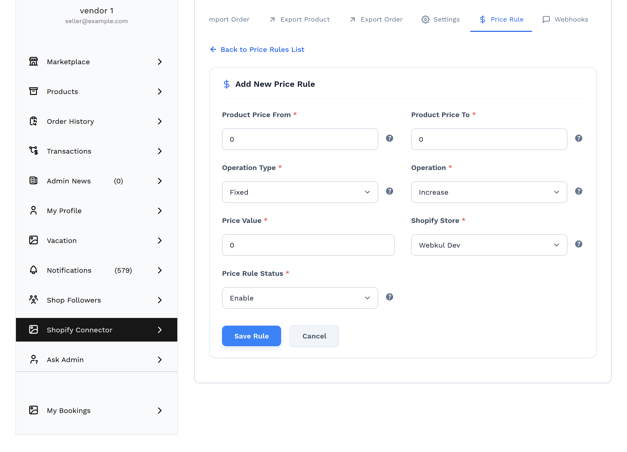 The Add New Price Rule form