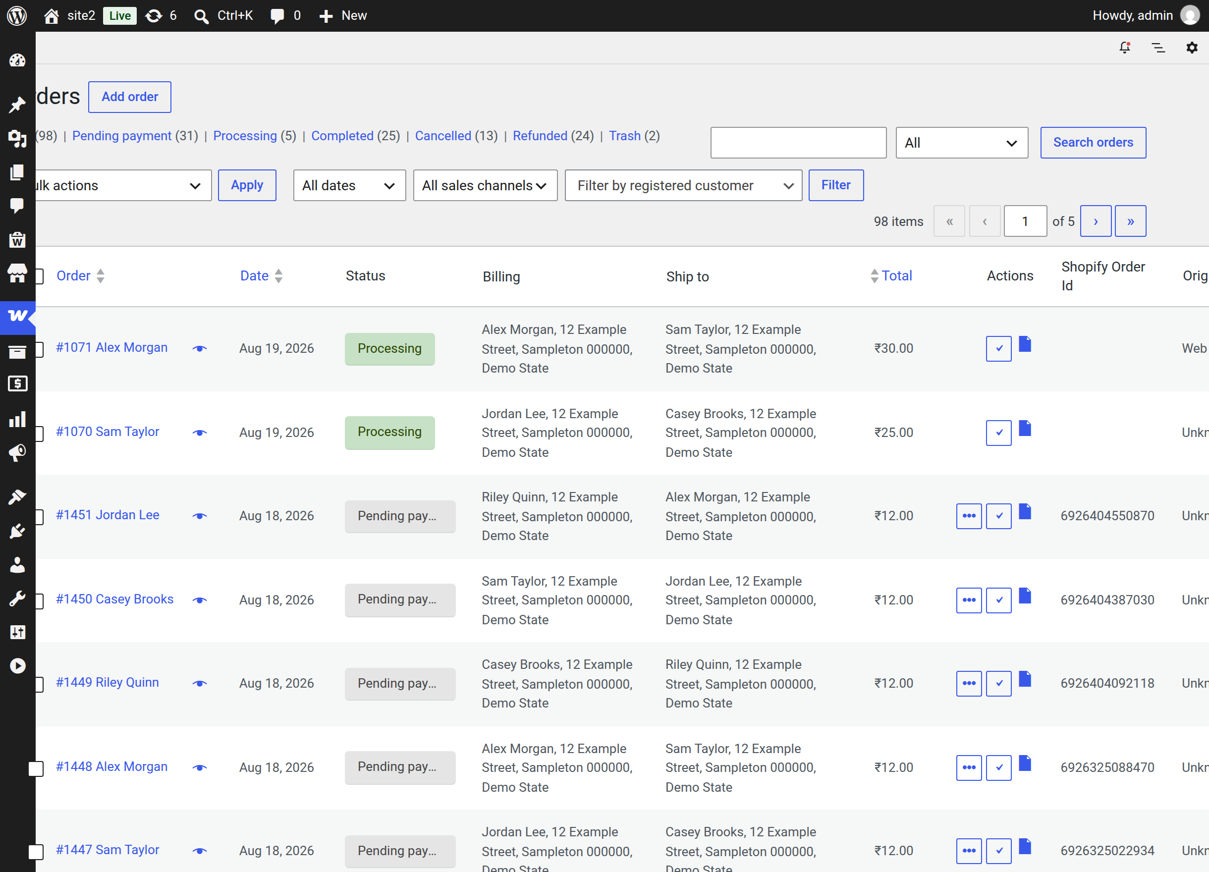 The WooCommerce Orders list with the Shopify Order Id column populated