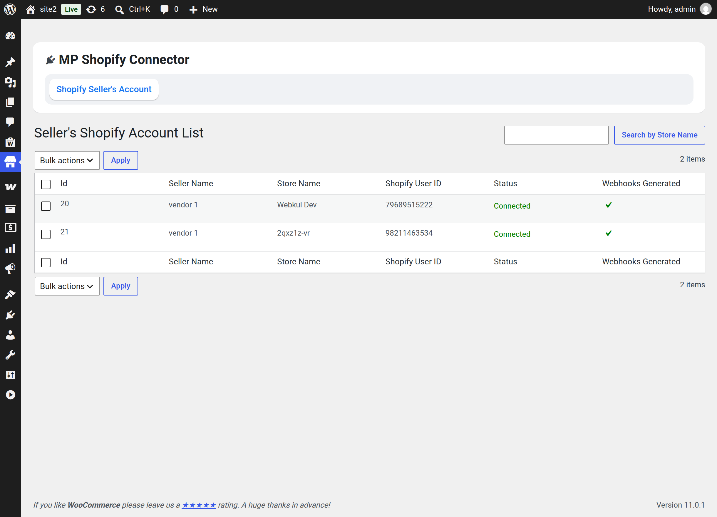 The Seller's Shopify Account List in the WordPress admin