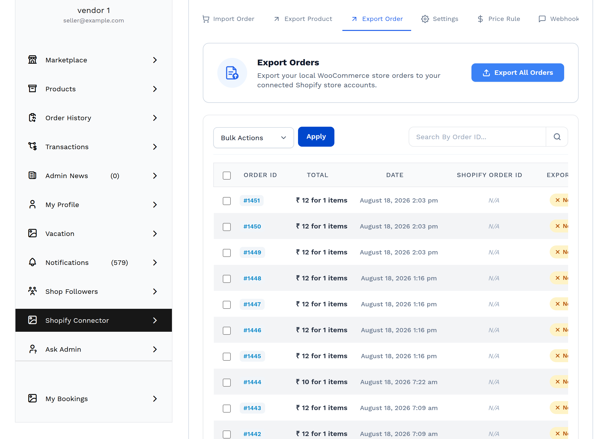 The Export Order tab, listing marketplace orders with their export status