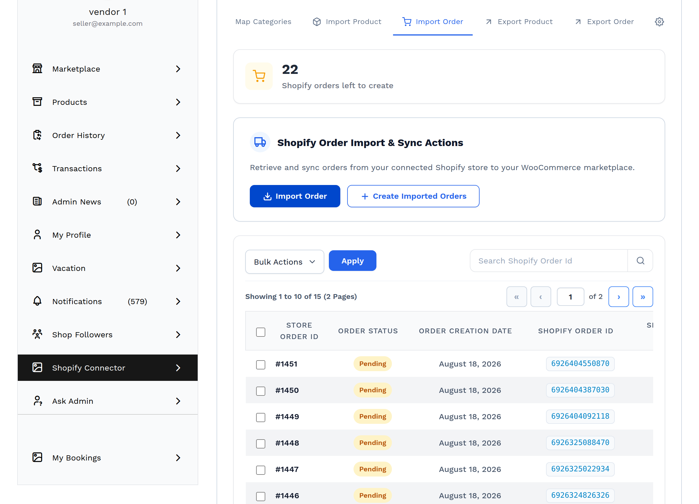 The Import Order tab, with the Import Order and Create Imported Orders actions