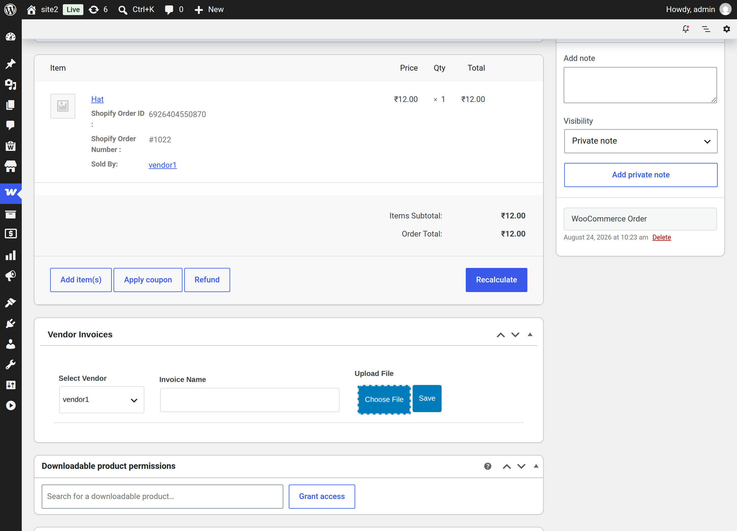 An imported Shopify order in WooCommerce, showing the Shopify order meta on the line item