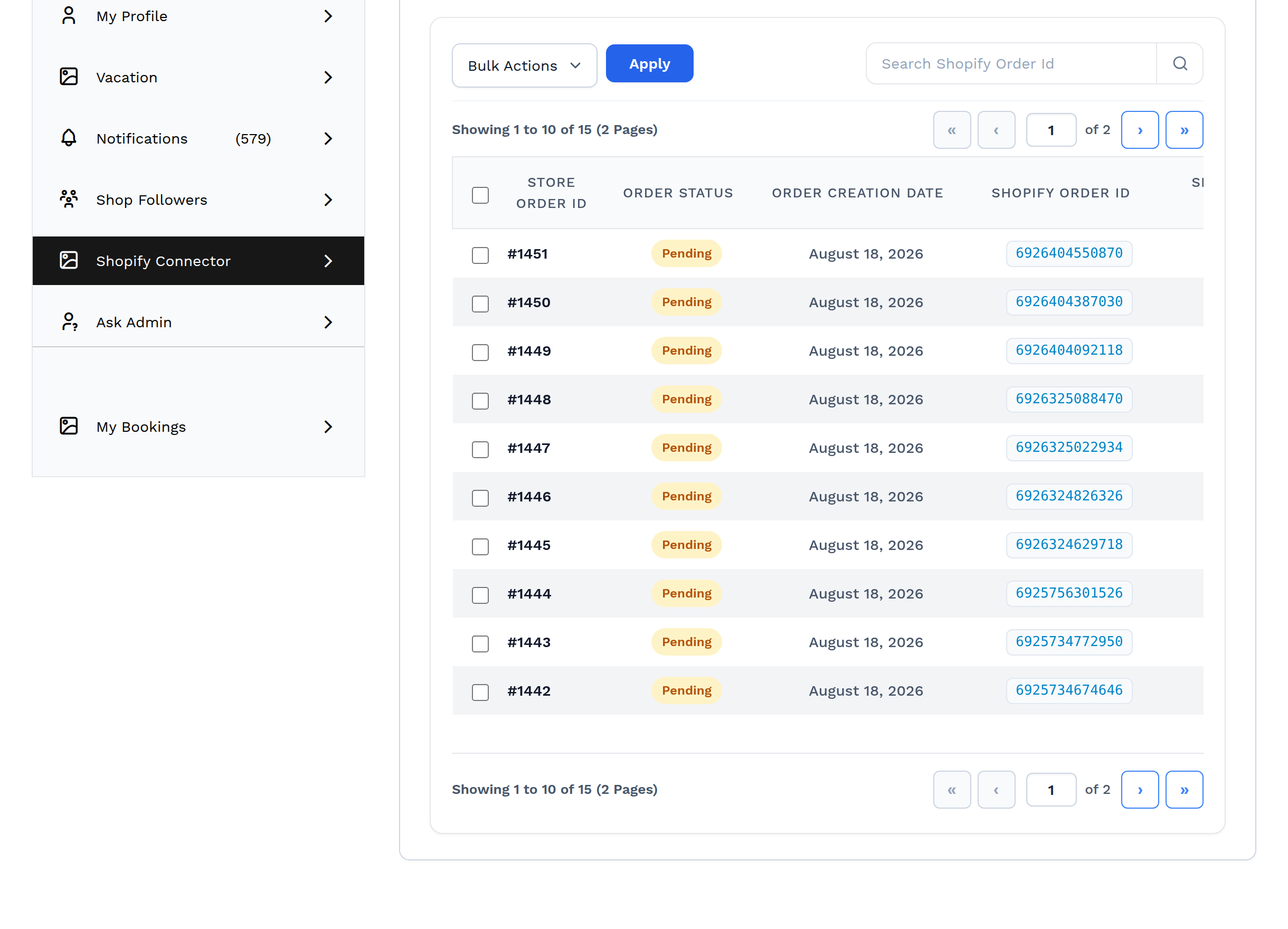 The imported order list, mapping WooCommerce orders to their Shopify order IDs and numbers