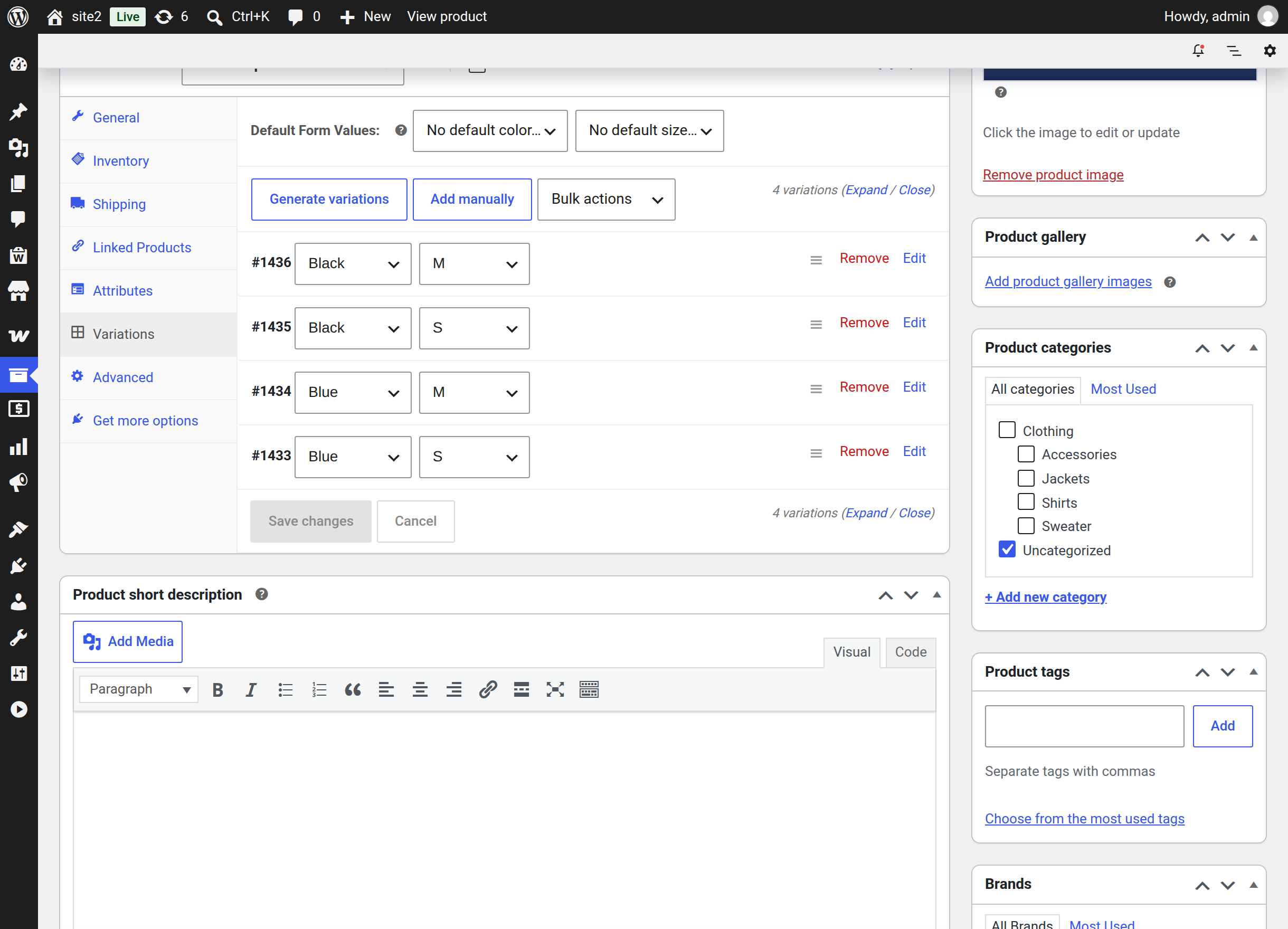 The Variations tab of an imported variable product, showing the variants created from Shopify