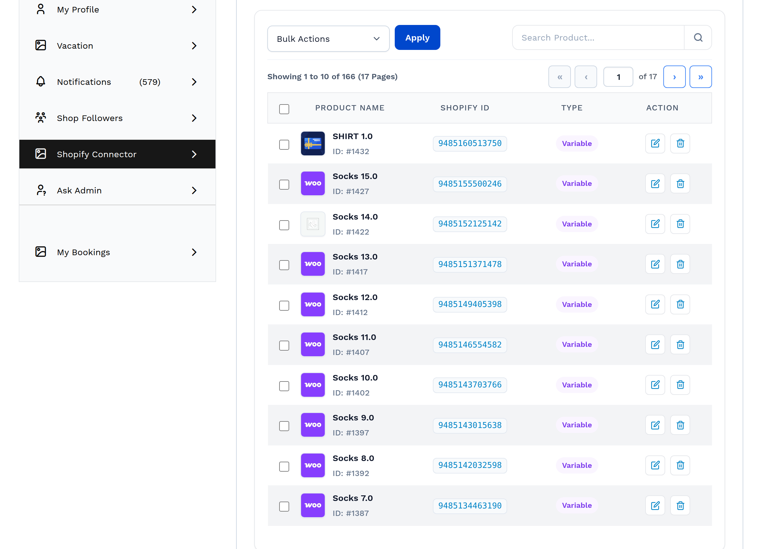 The imported product list, showing product name, Shopify ID and product type