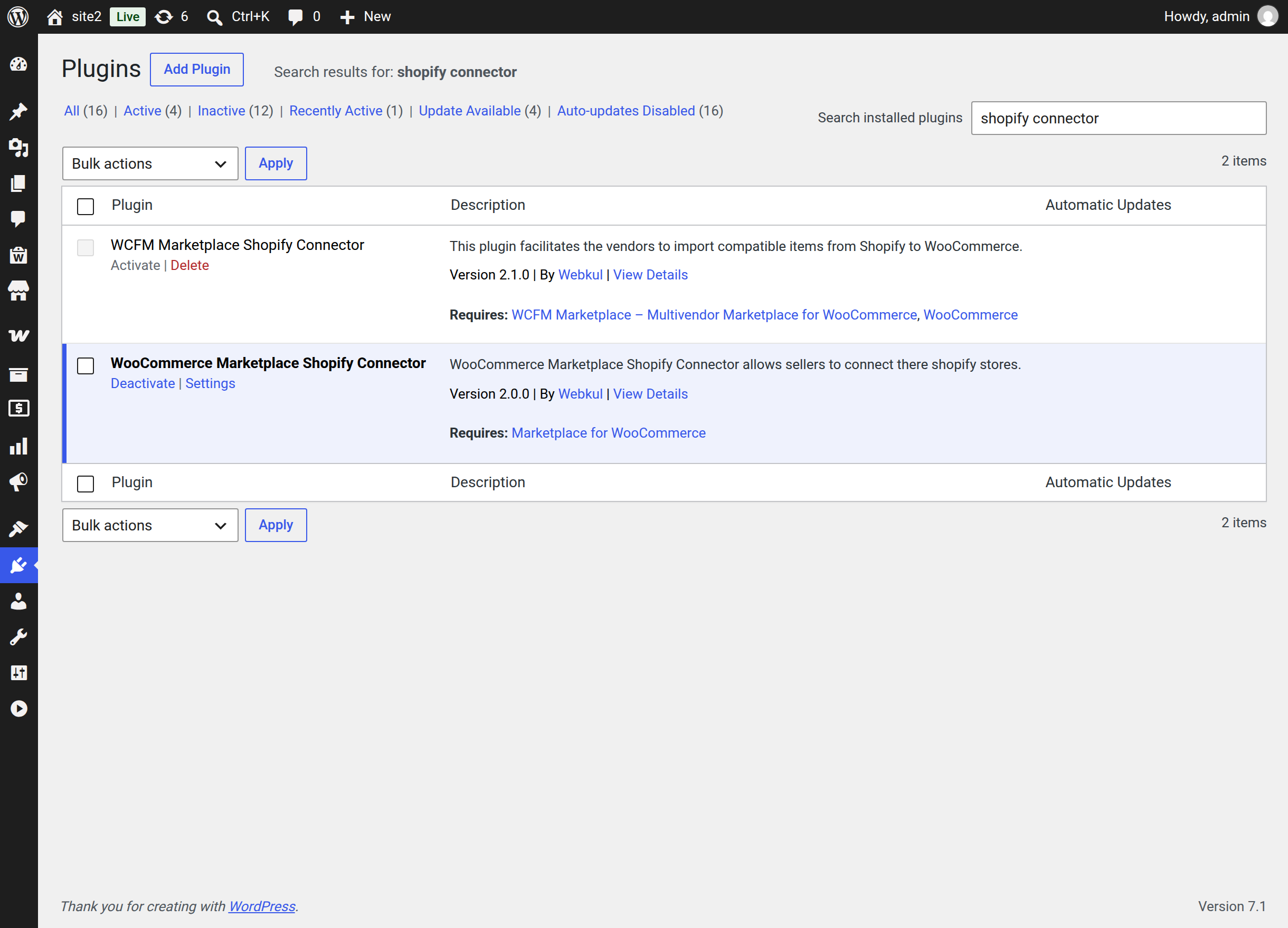 The plugin row on the Installed Plugins screen, active, with its Settings link
