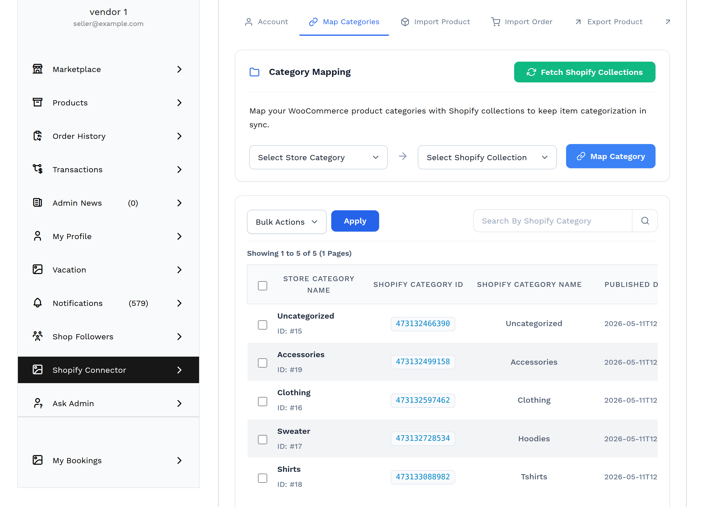 The Map Categories tab, with the Fetch Shopify Collections button and the mapping controls