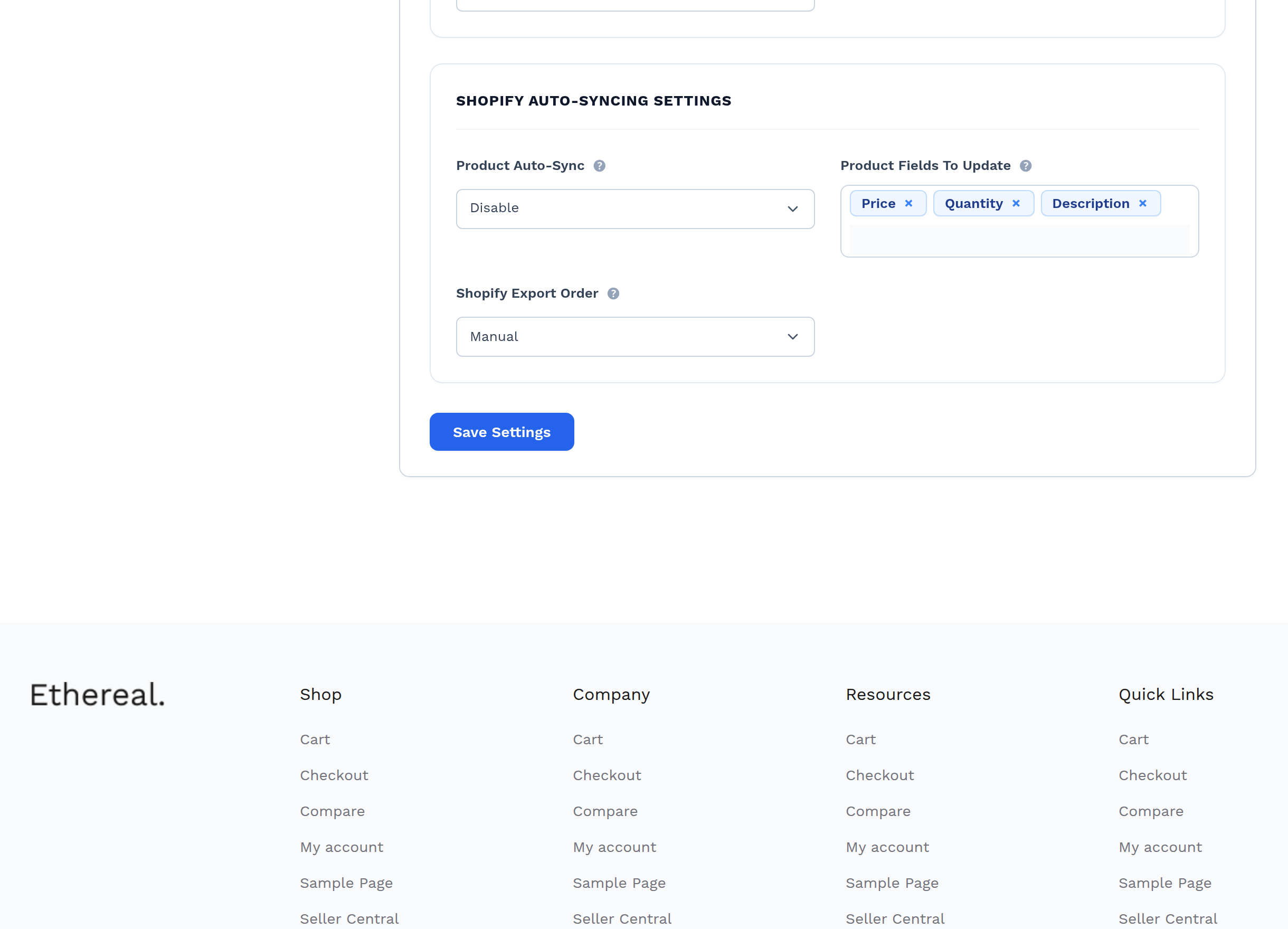 The Shopify Auto-Syncing Settings card on the Settings tab