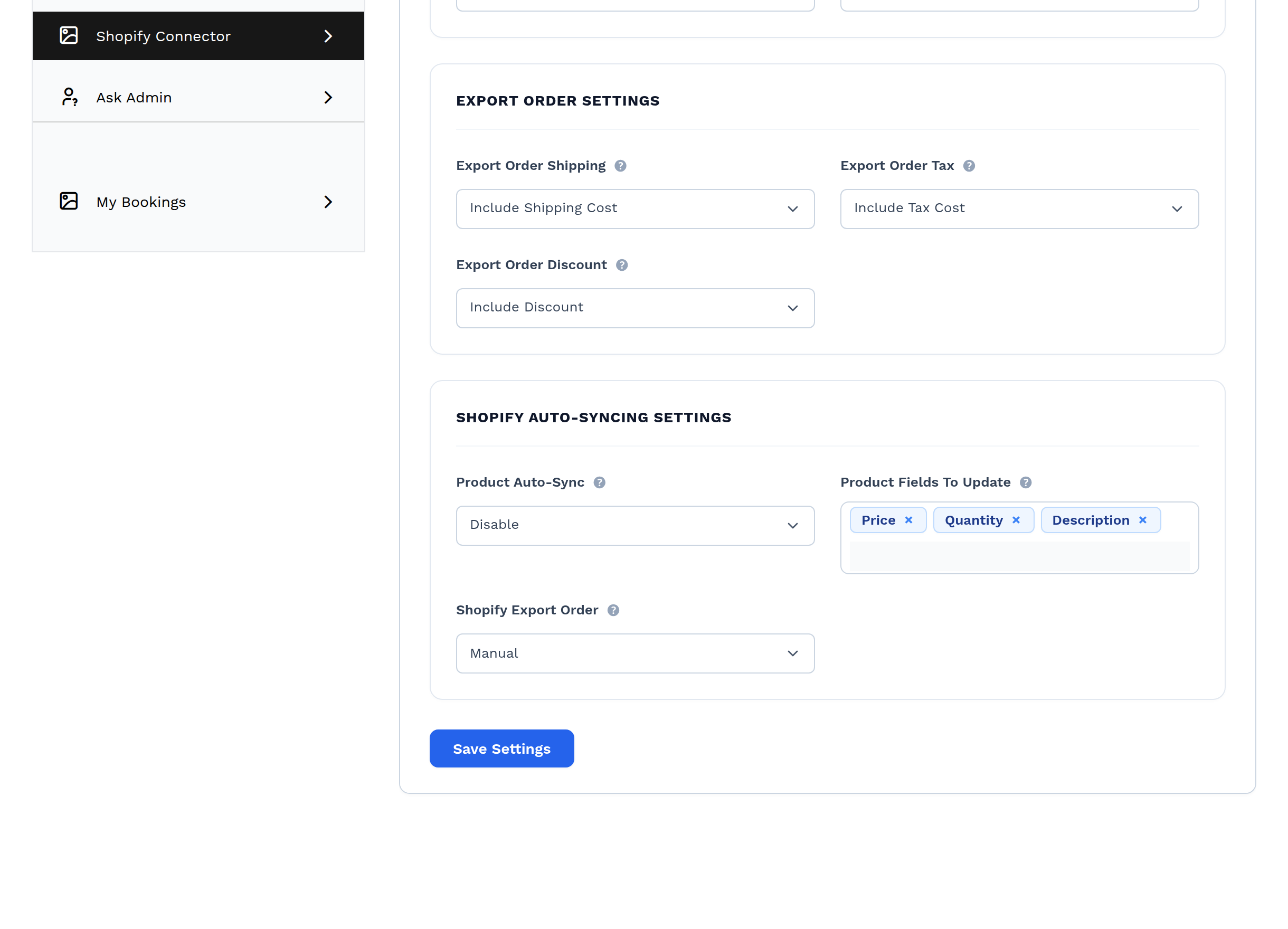The Export Order Settings card on the Settings tab