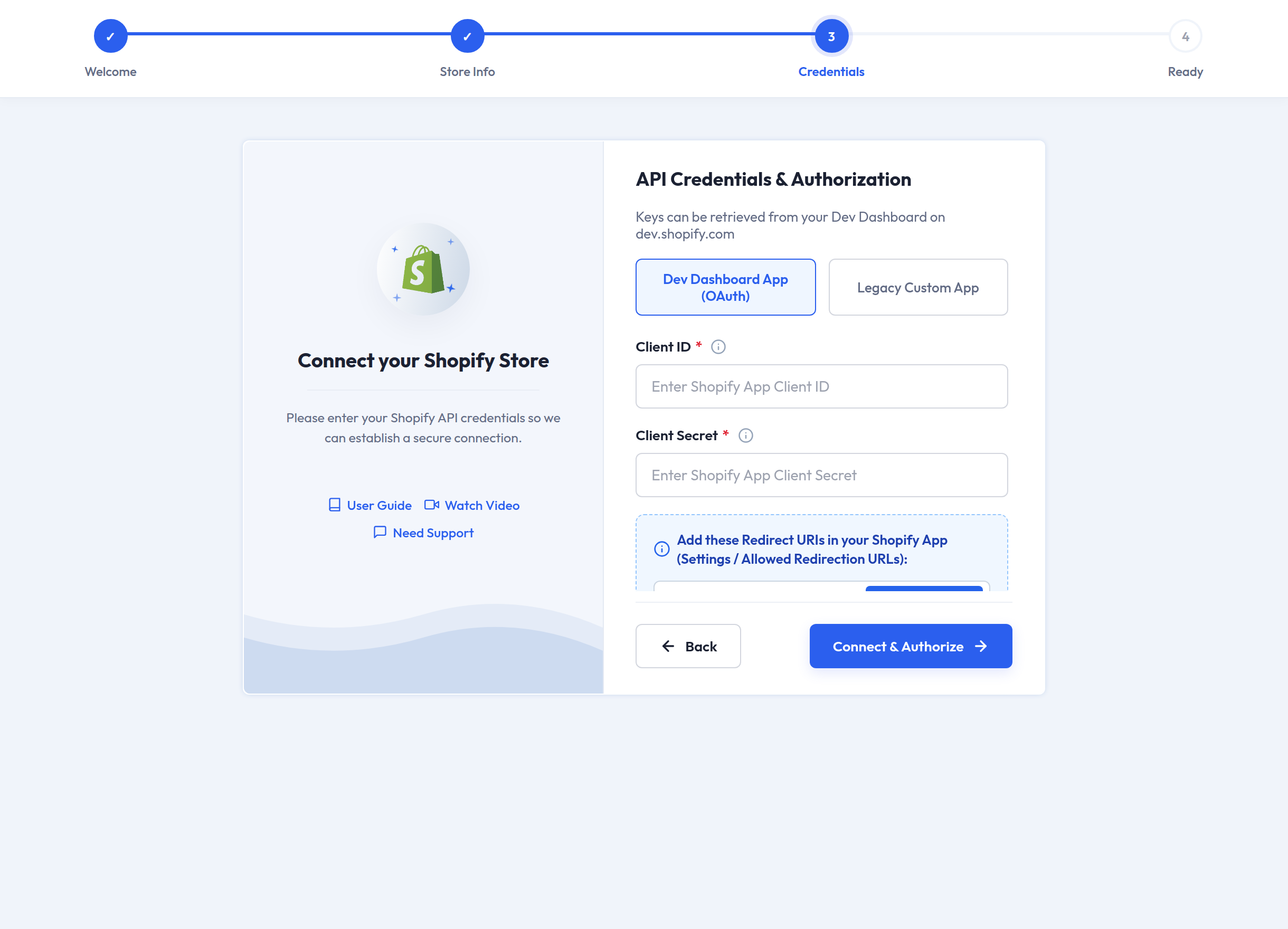 Step 3 of the setup wizard on the OAuth tab, with the Client ID and Client Secret fields