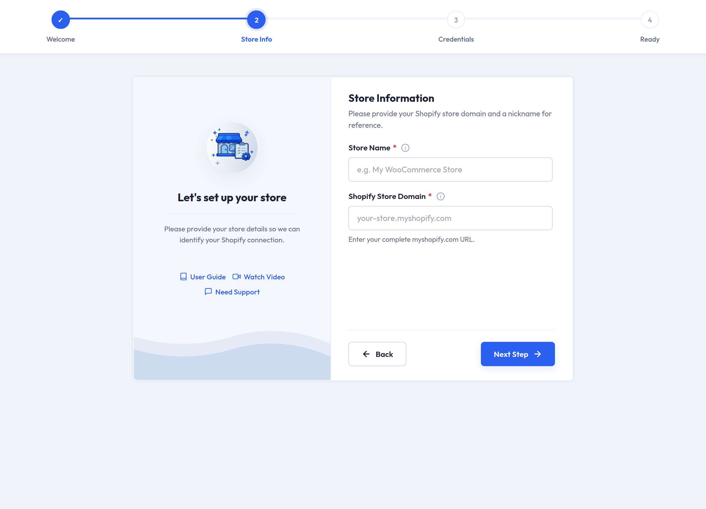 Step 2 of the setup wizard, asking for the store name and the Shopify store domain