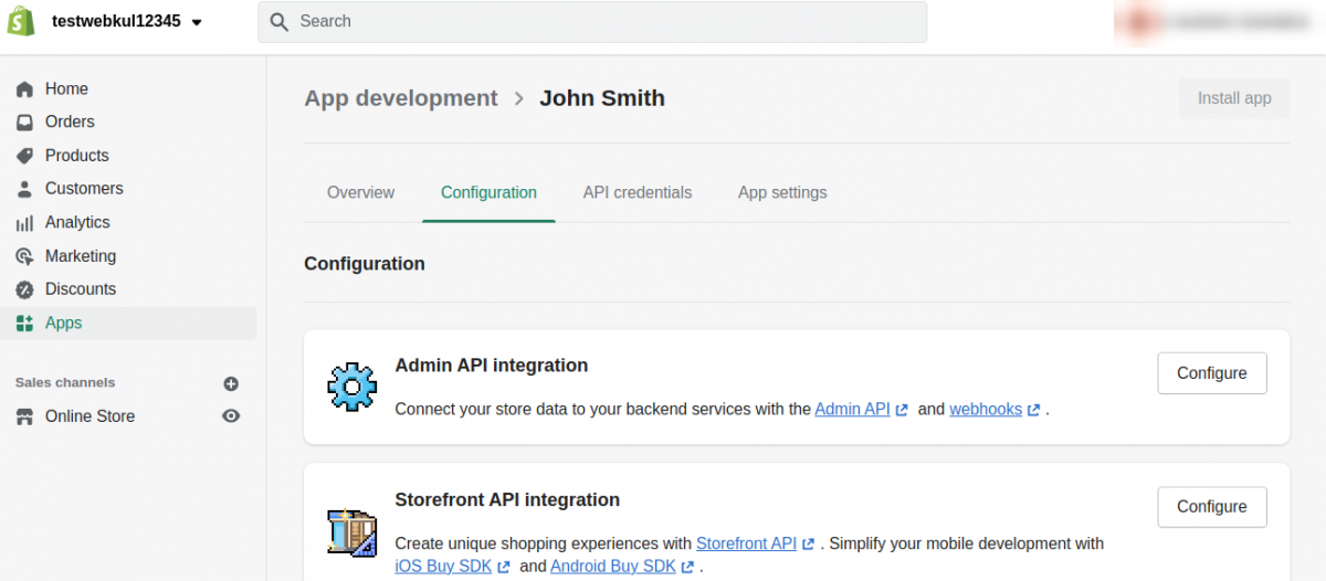 The app Configuration tab, with Configure next to Admin API integration
