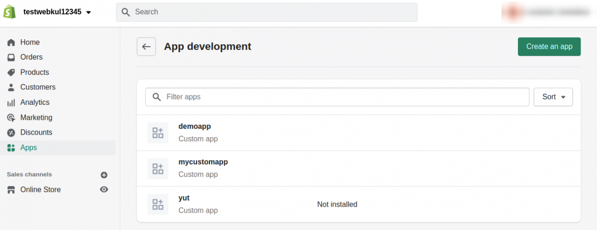 The App development screen with the Create an app button