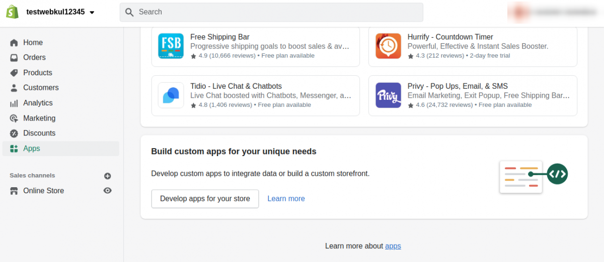 The Apps screen in the Shopify admin, with the Develop apps for your store button