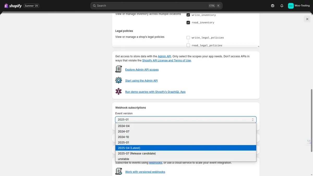 The Webhook subscriptions Event version dropdown with 2025-04 Latest selected