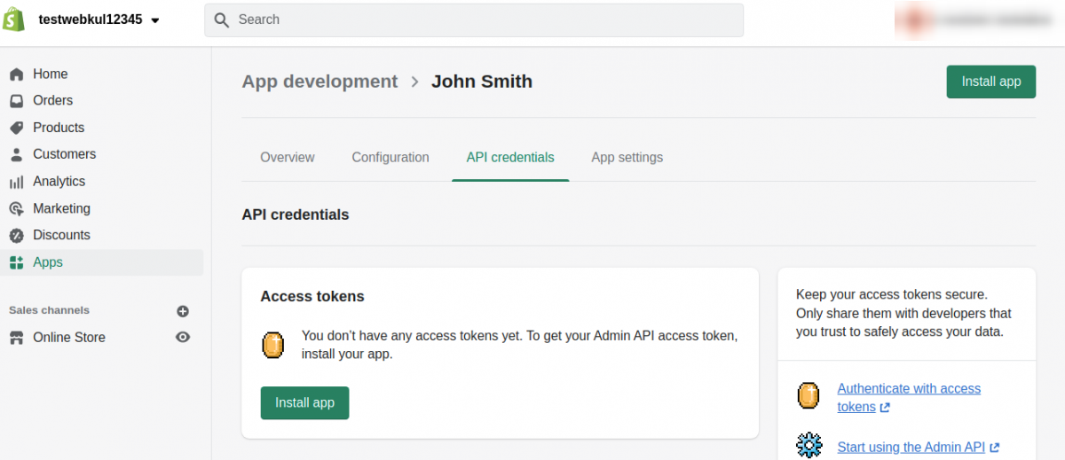 The API credentials tab with the Install app button