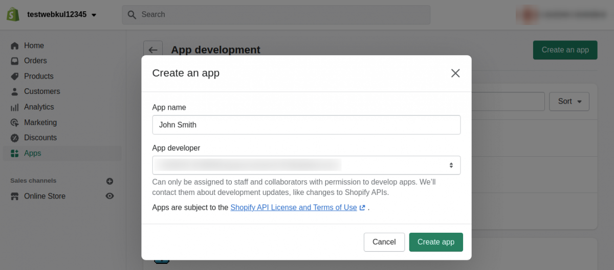 The Create an app dialog asking for an App name