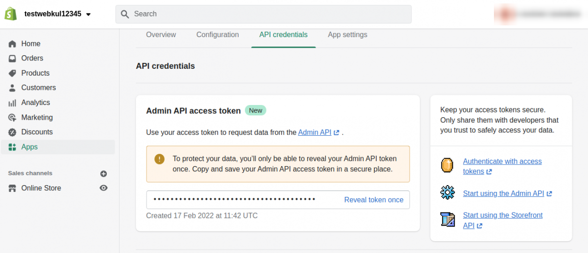 The Admin API access token panel with the Reveal token once link