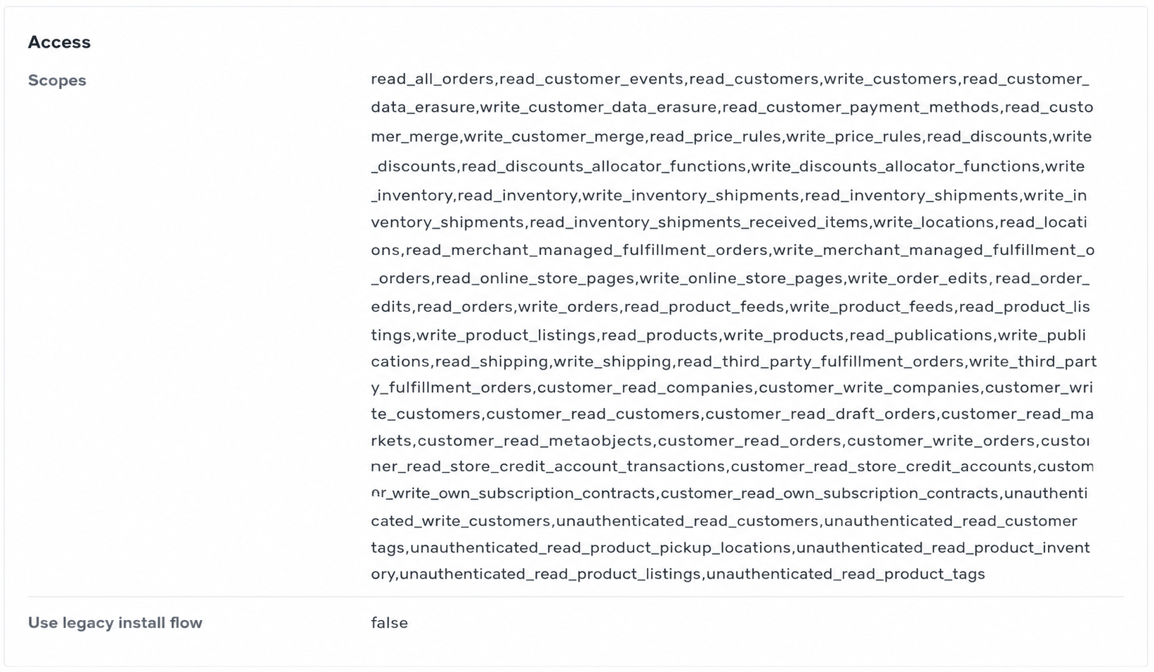 The Access panel of a Shopify app, listing the scopes it is configured with