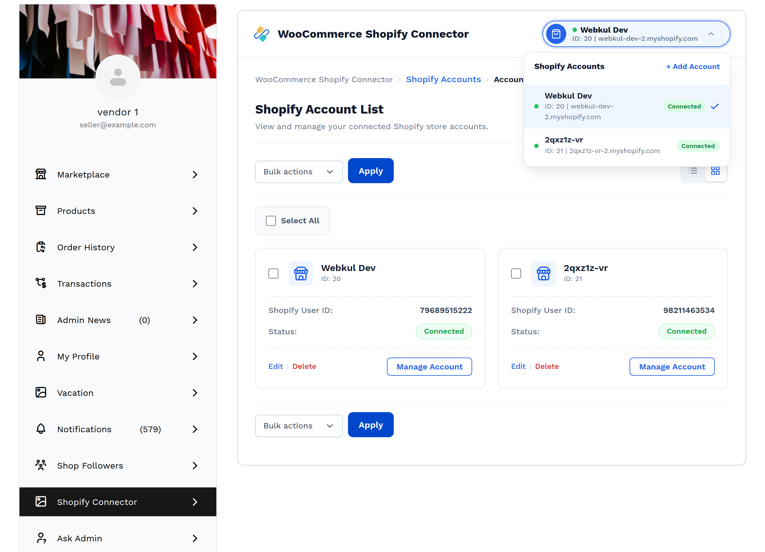 The store switcher dropdown open, listing the seller's connected Shopify accounts
