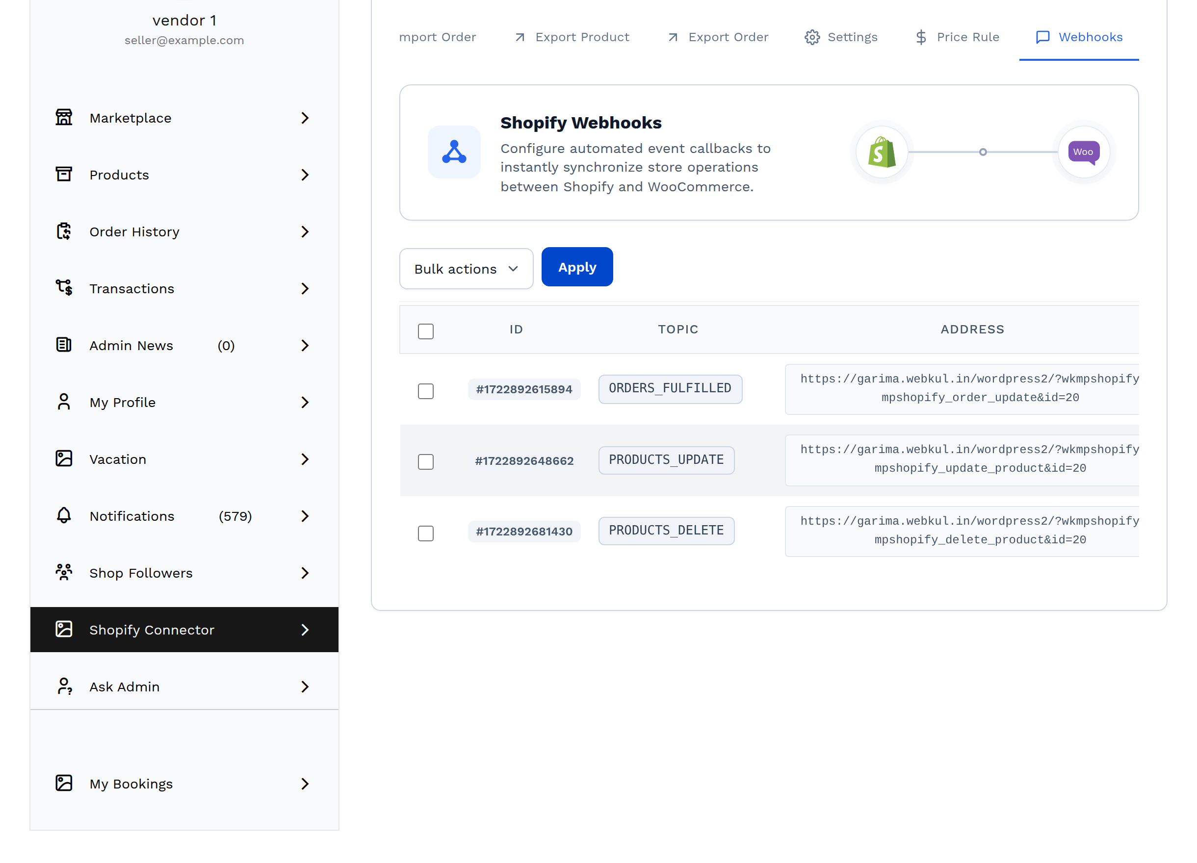 The Webhooks tab, listing the three registered Shopify webhooks