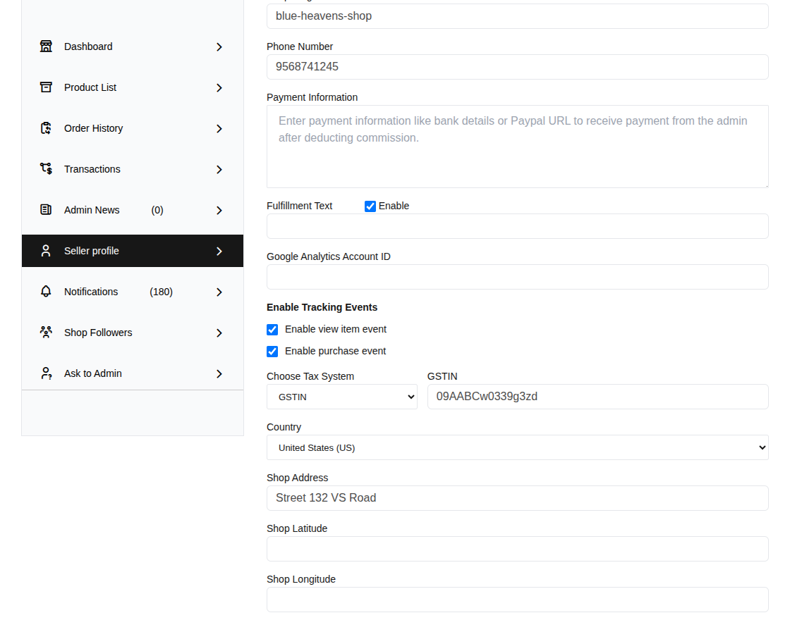 Vendor Google Analytics Settings