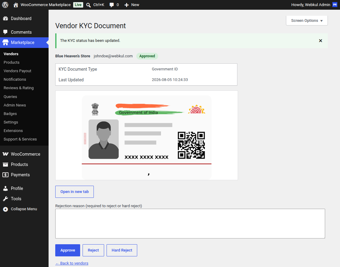 Admin Approve Vendor KYC