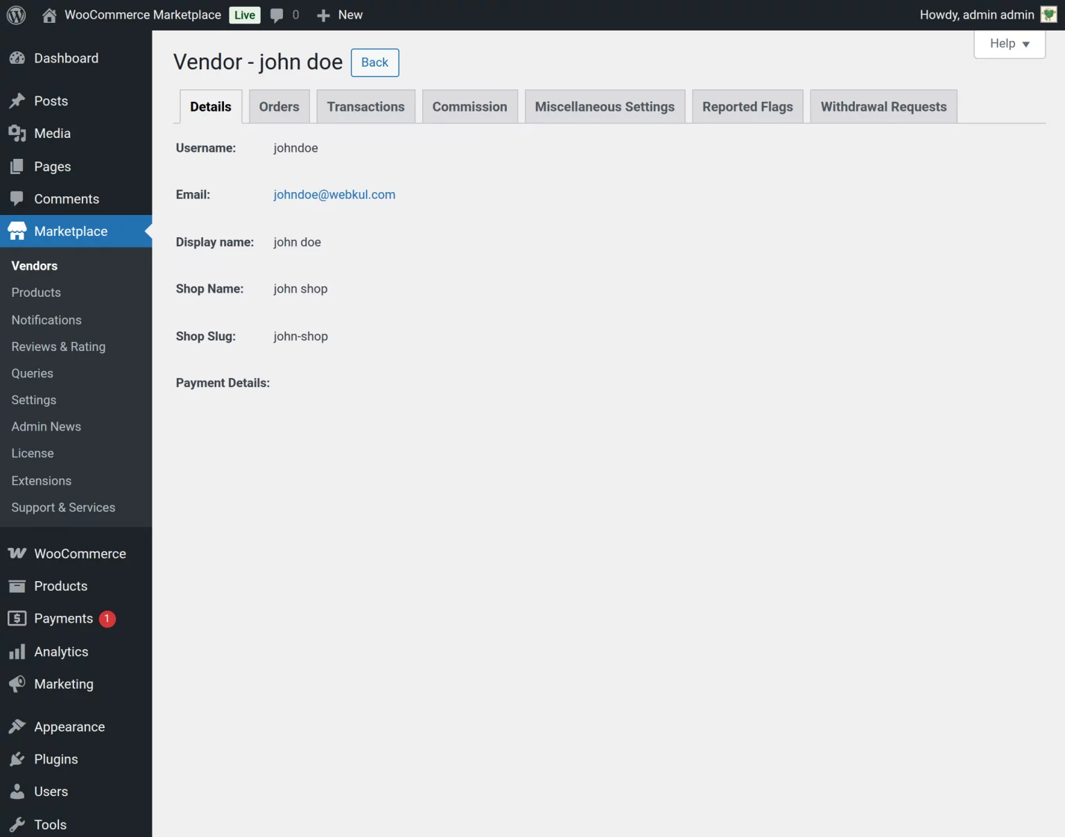 Admin Vendor Details