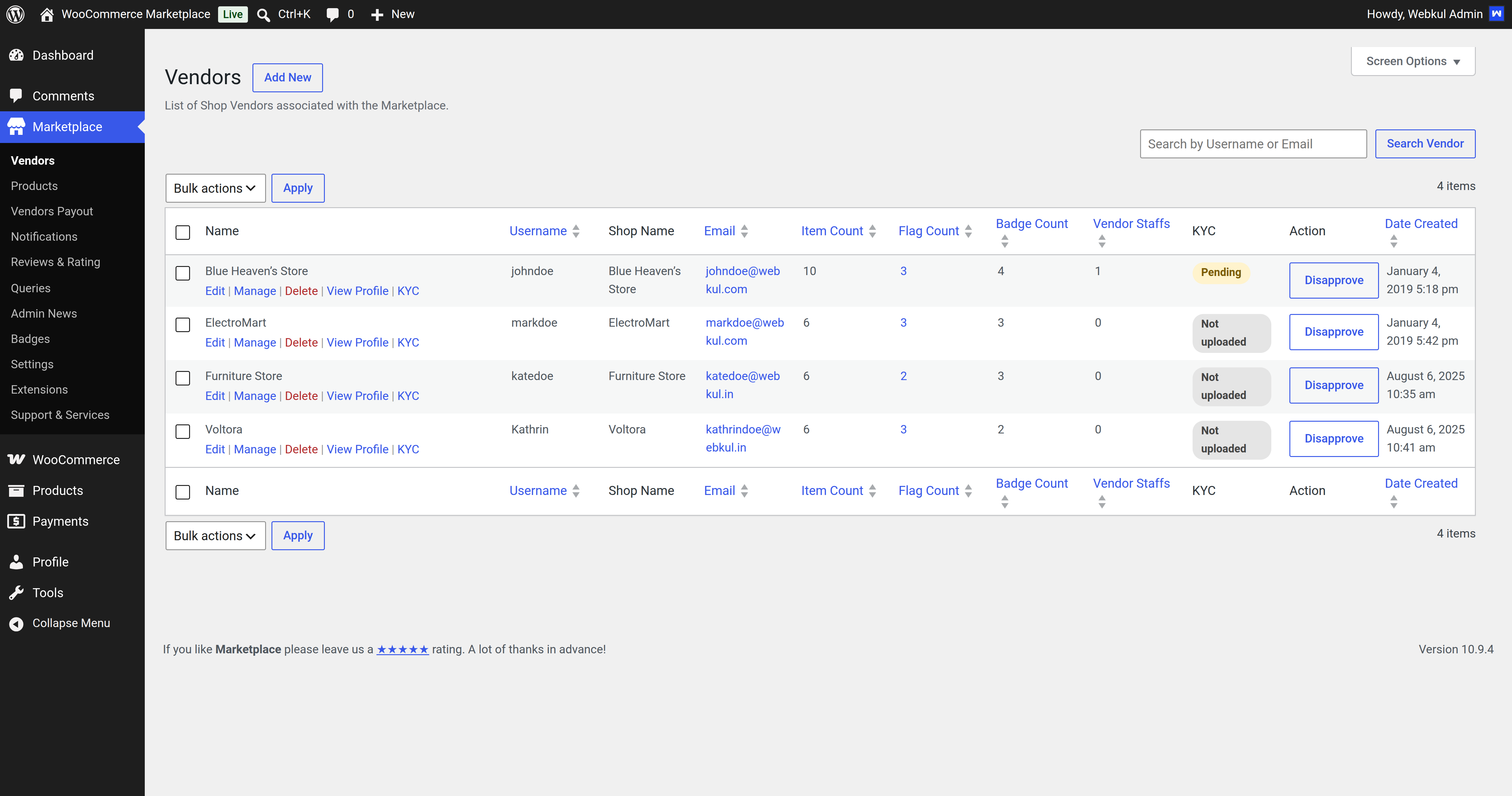 Admin Vendor List - KYC Pending