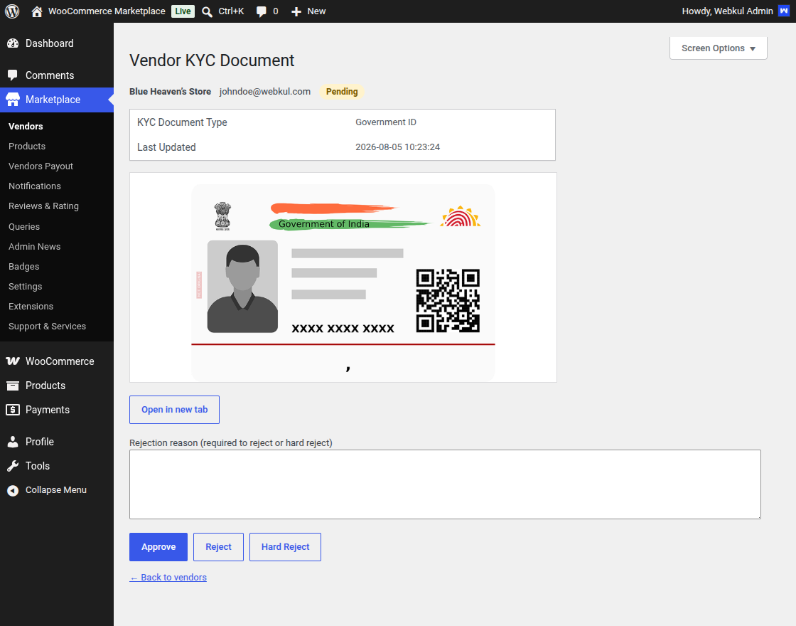 Admin Verify Vendor KYC