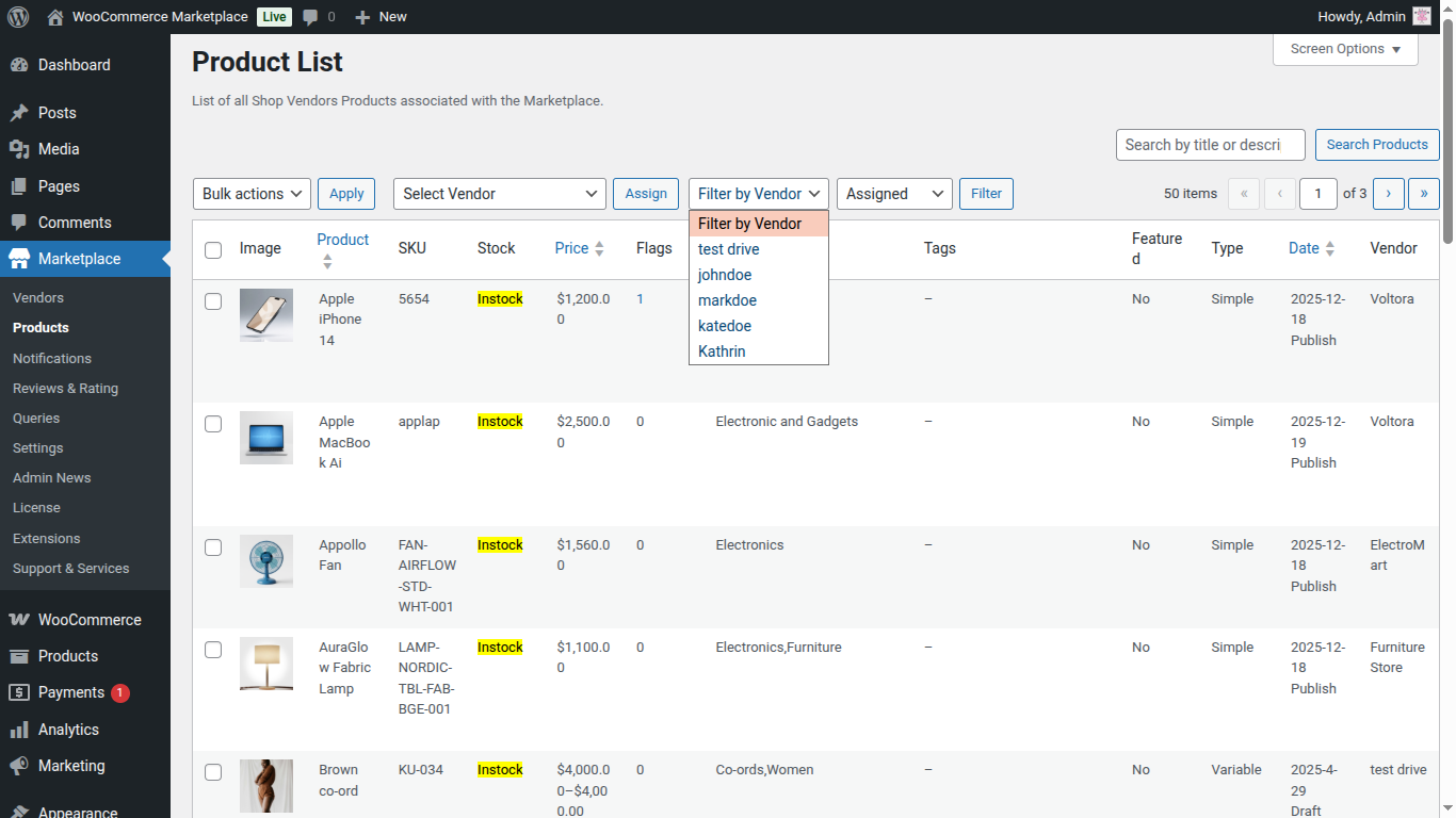 Product List – Vendor Filtered