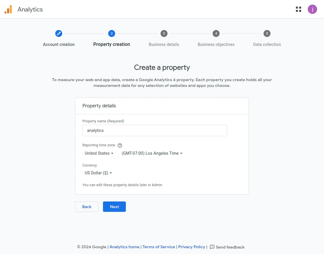 Google Analytics Create Property