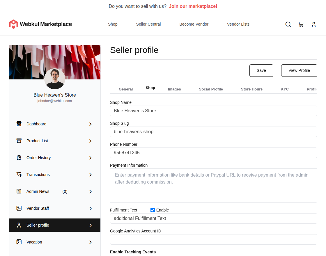 Vendor Profile Settings