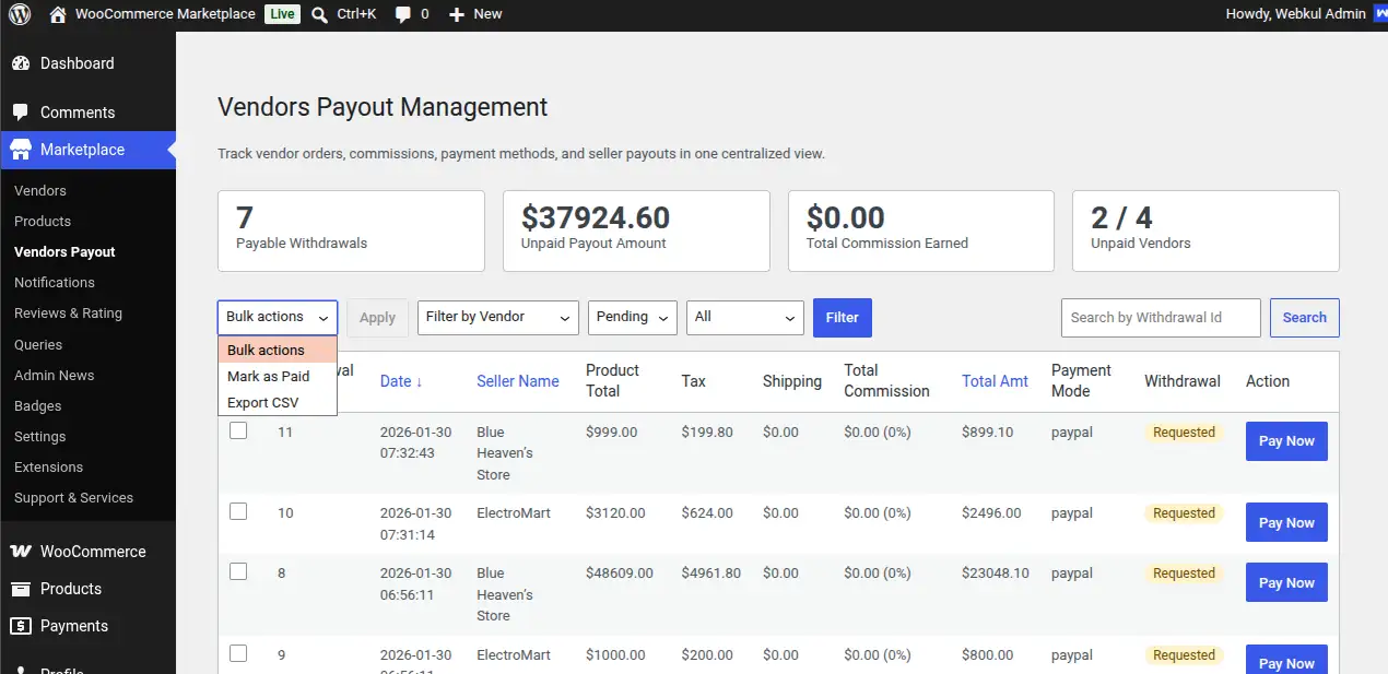 Vendor Payout Bulk Actions