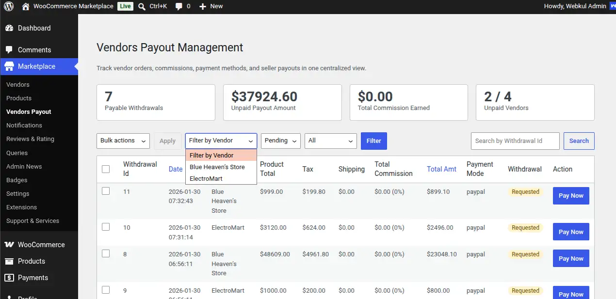 Vendor Payout Filters