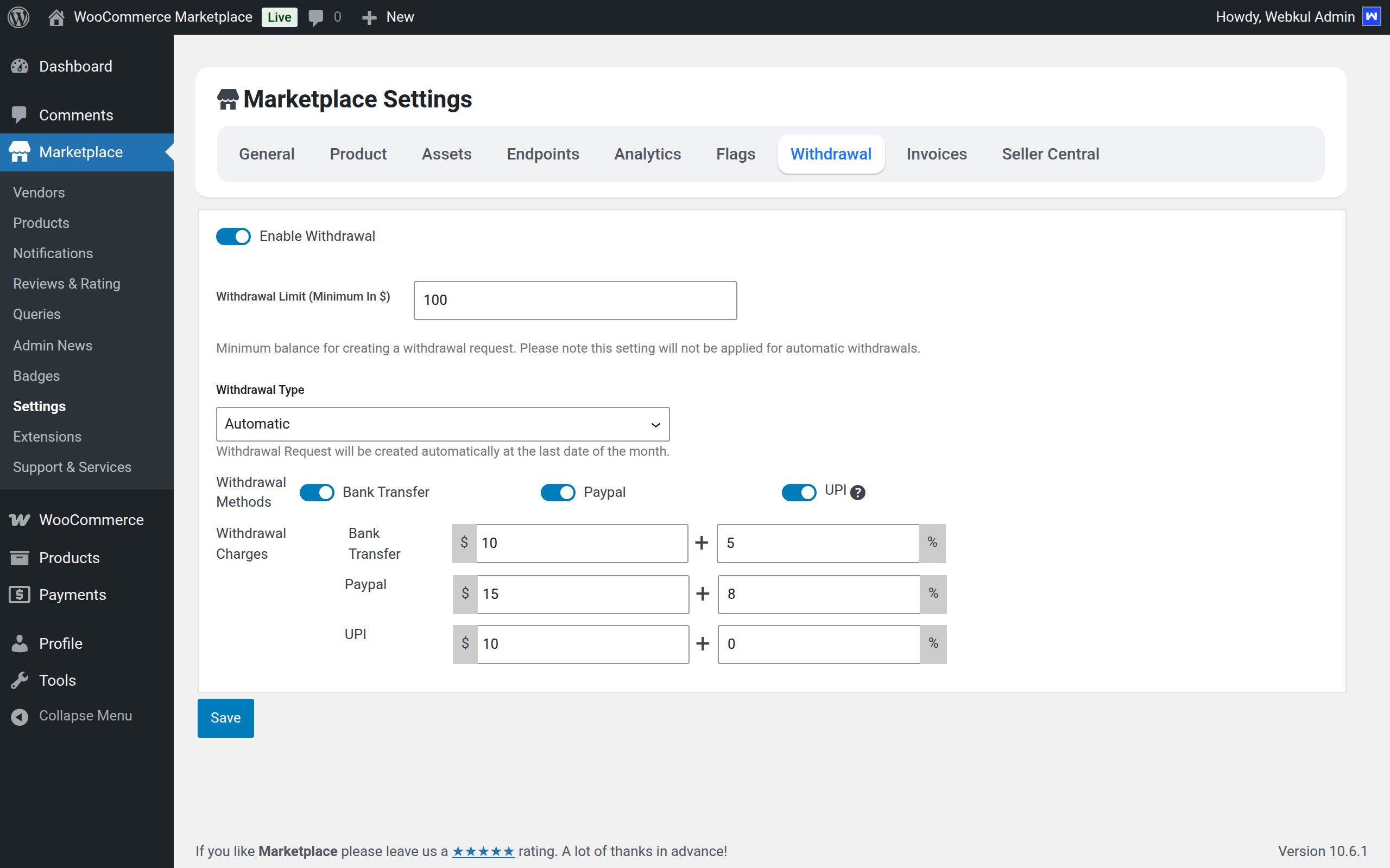Admin Withdrawal Settings