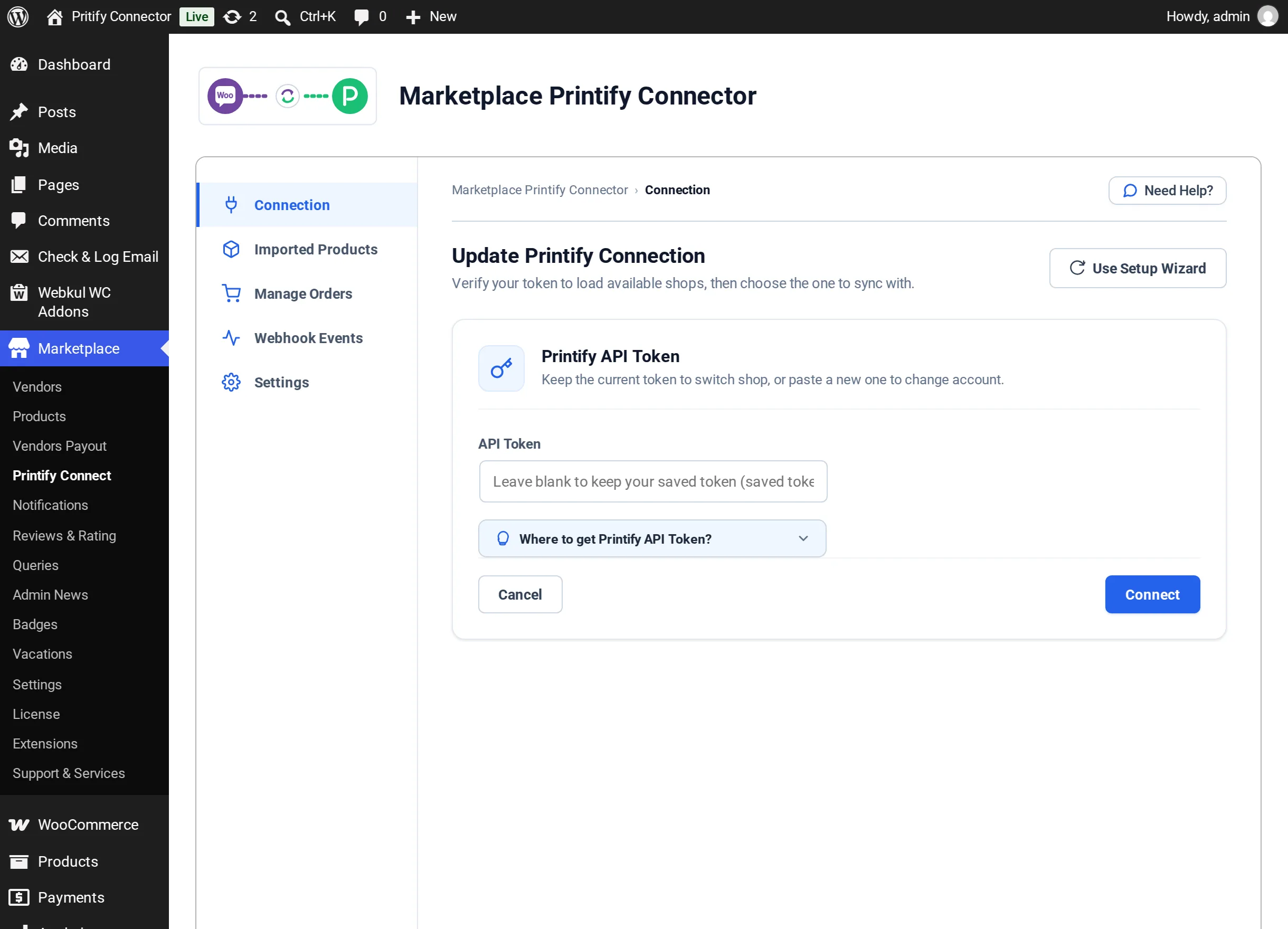 Update Printify Connection form
