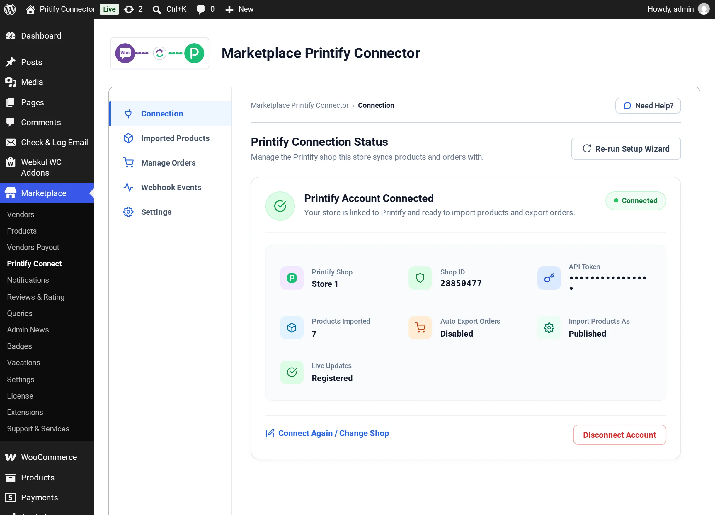 Printify Connection Status for the admin