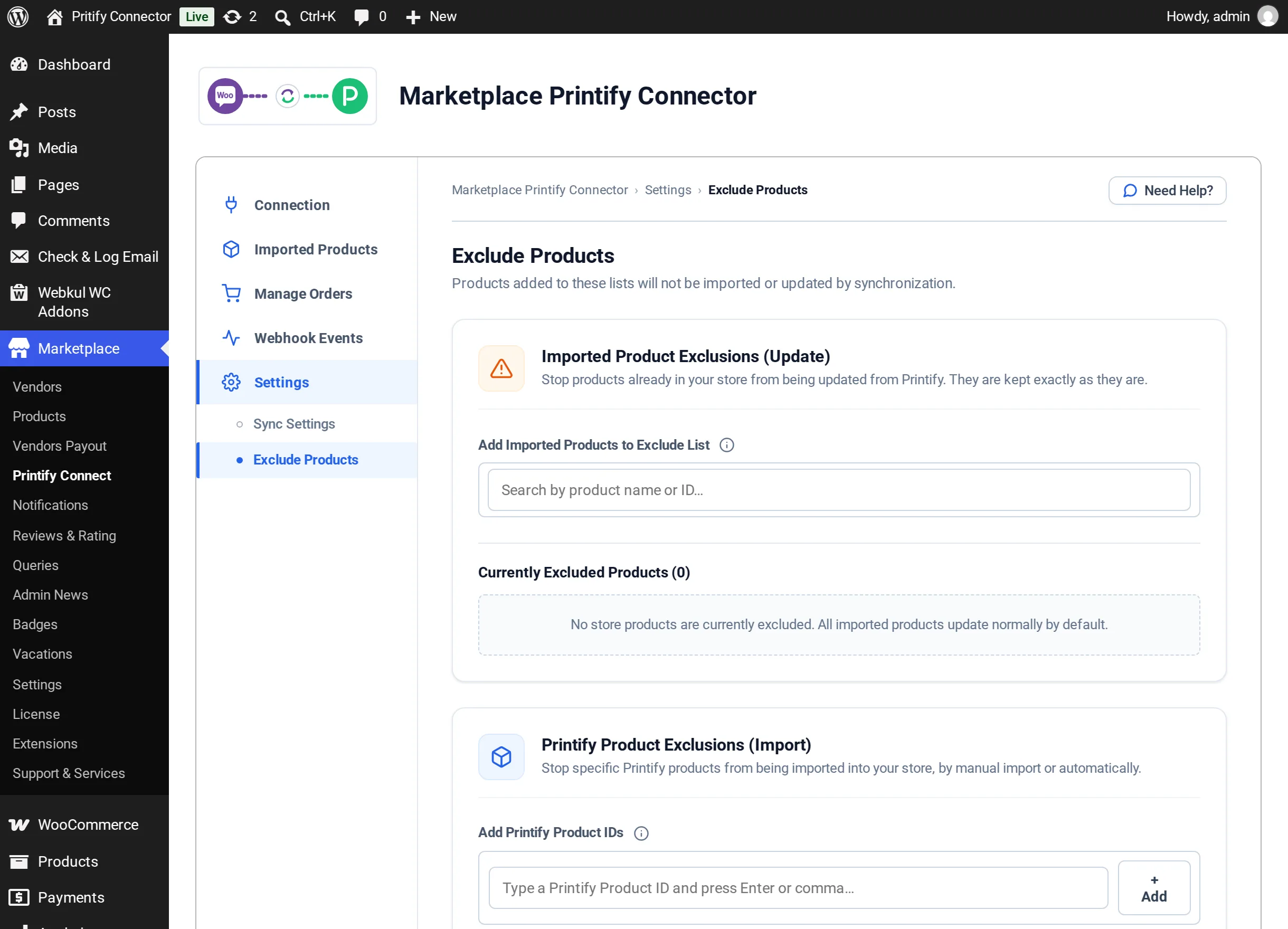 Exclude Products screen