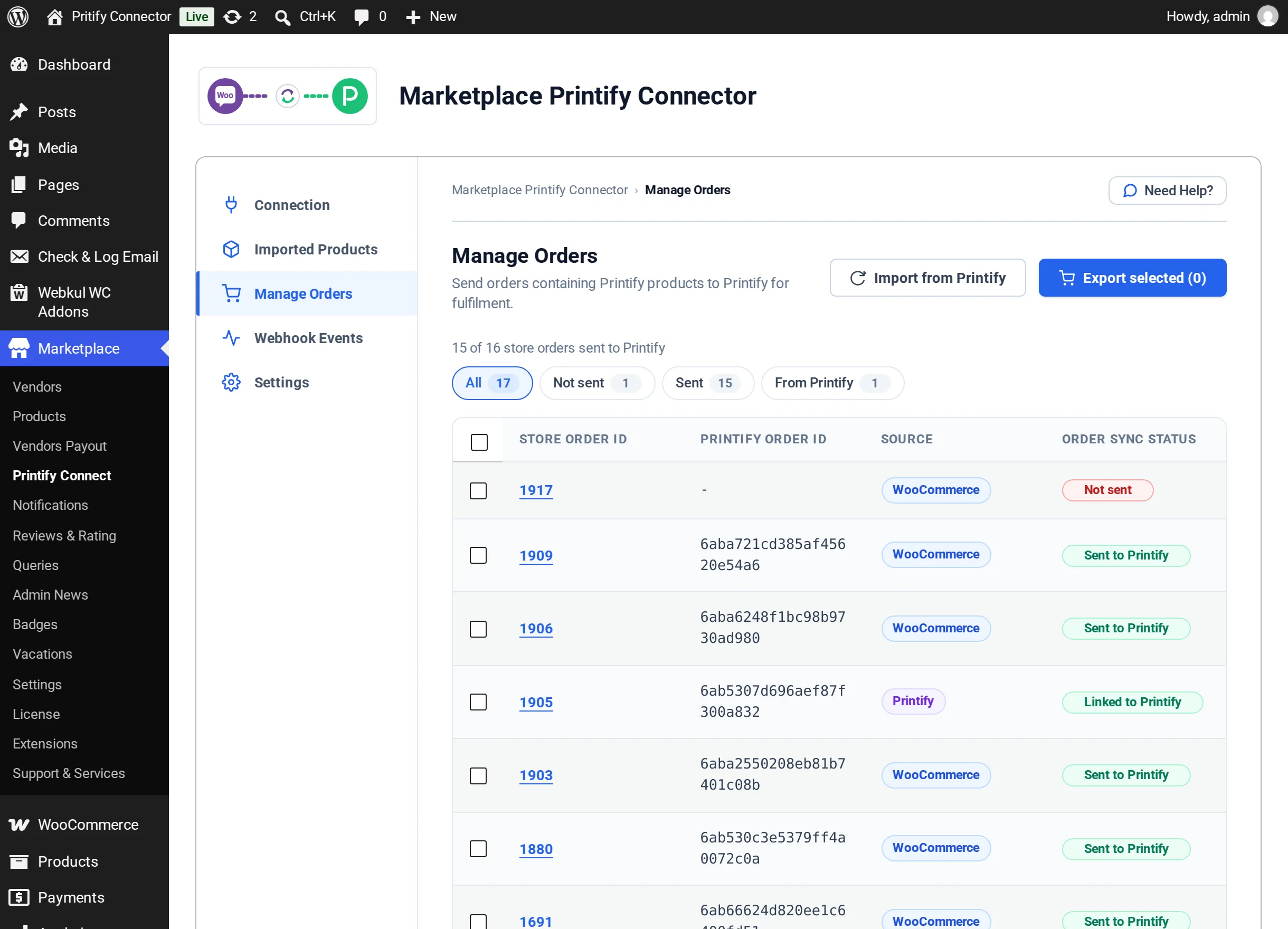 Manage Orders screen