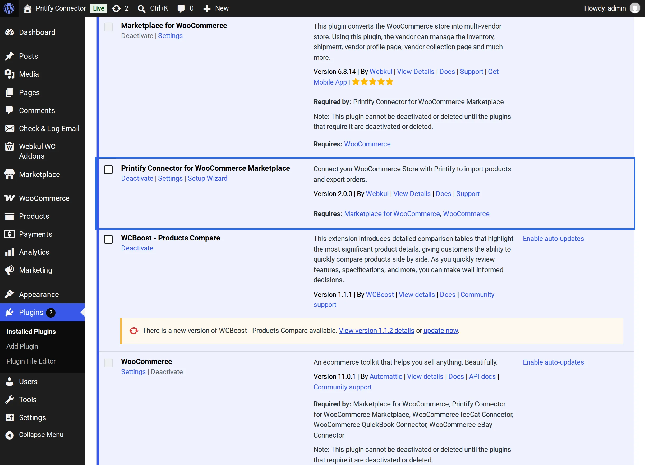 The connector in the WordPress plugins list