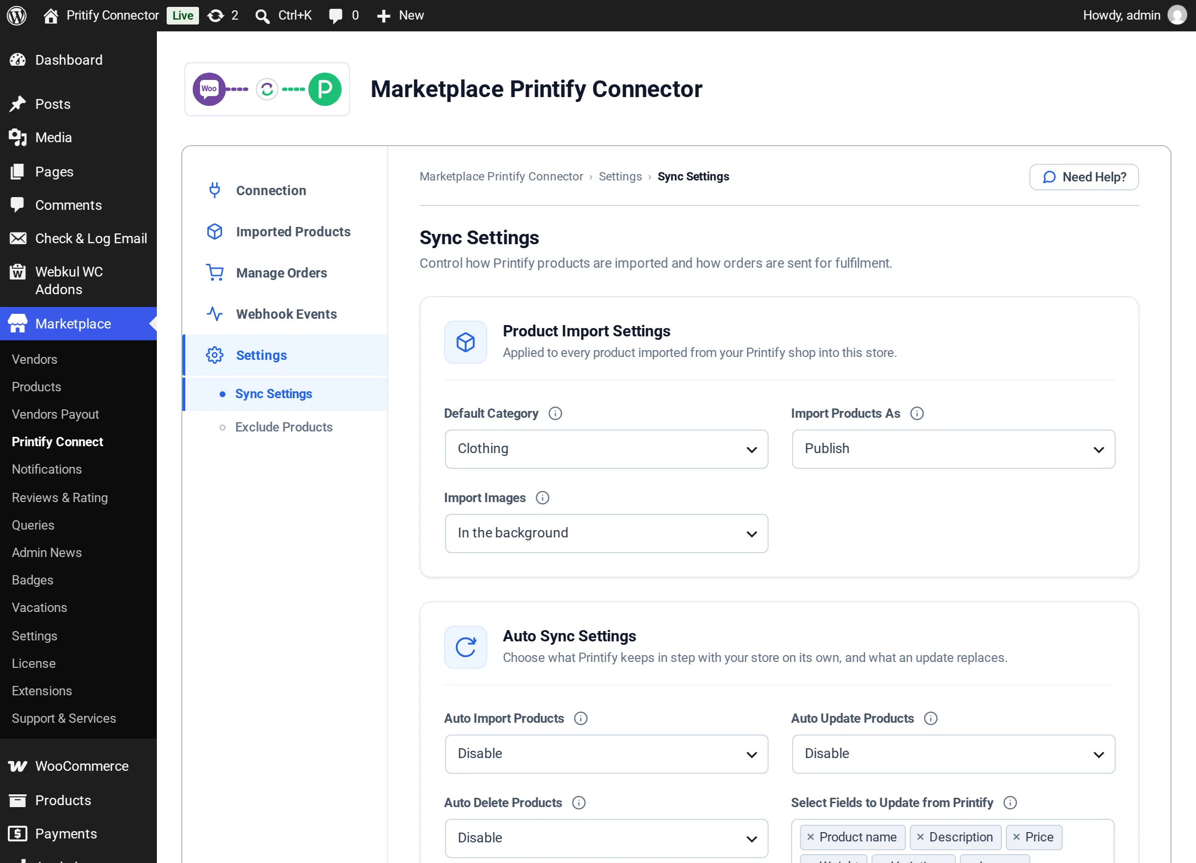 Sync Settings, Product Import Settings