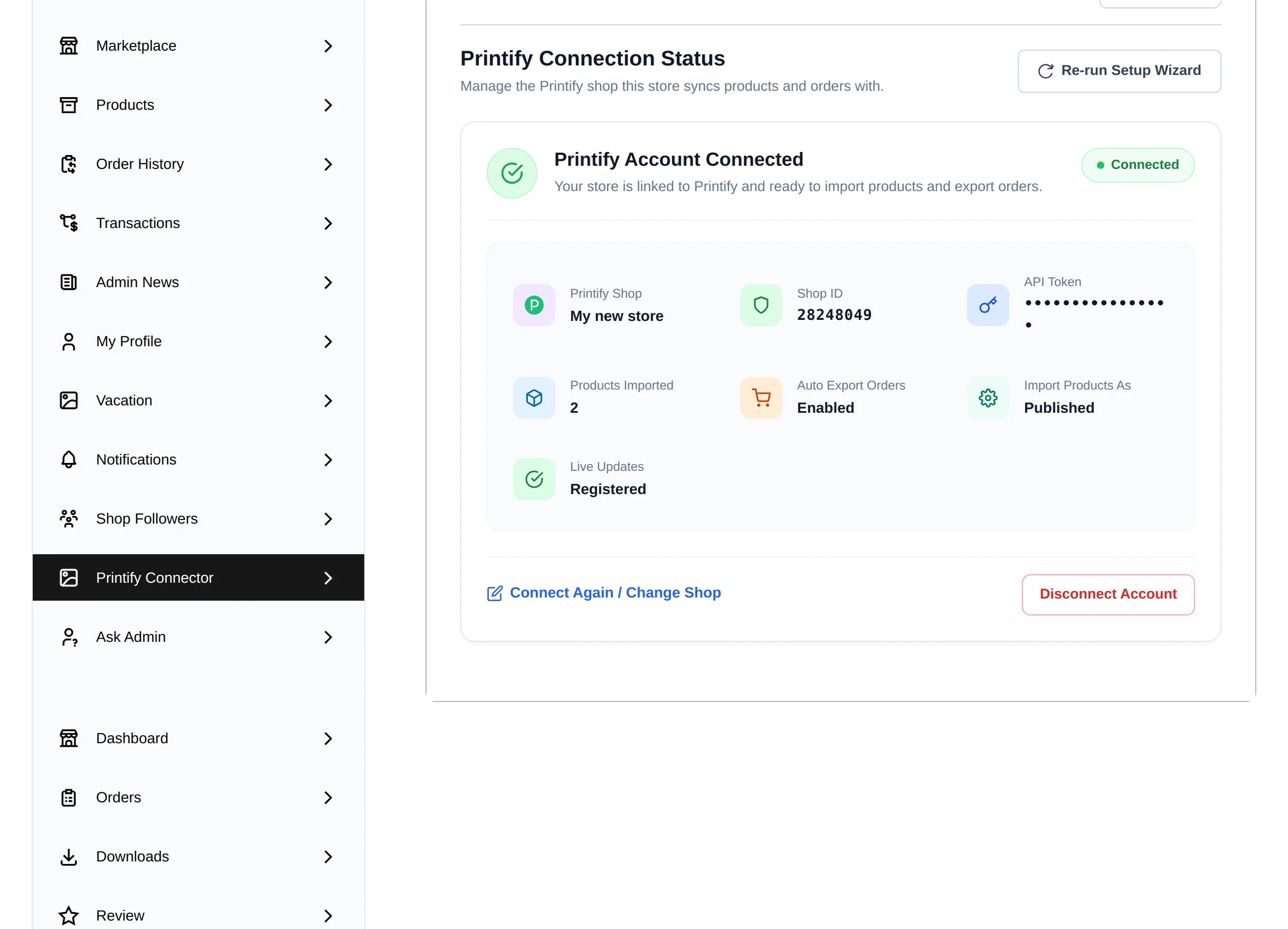 Vendor Printify Connector page in My Account