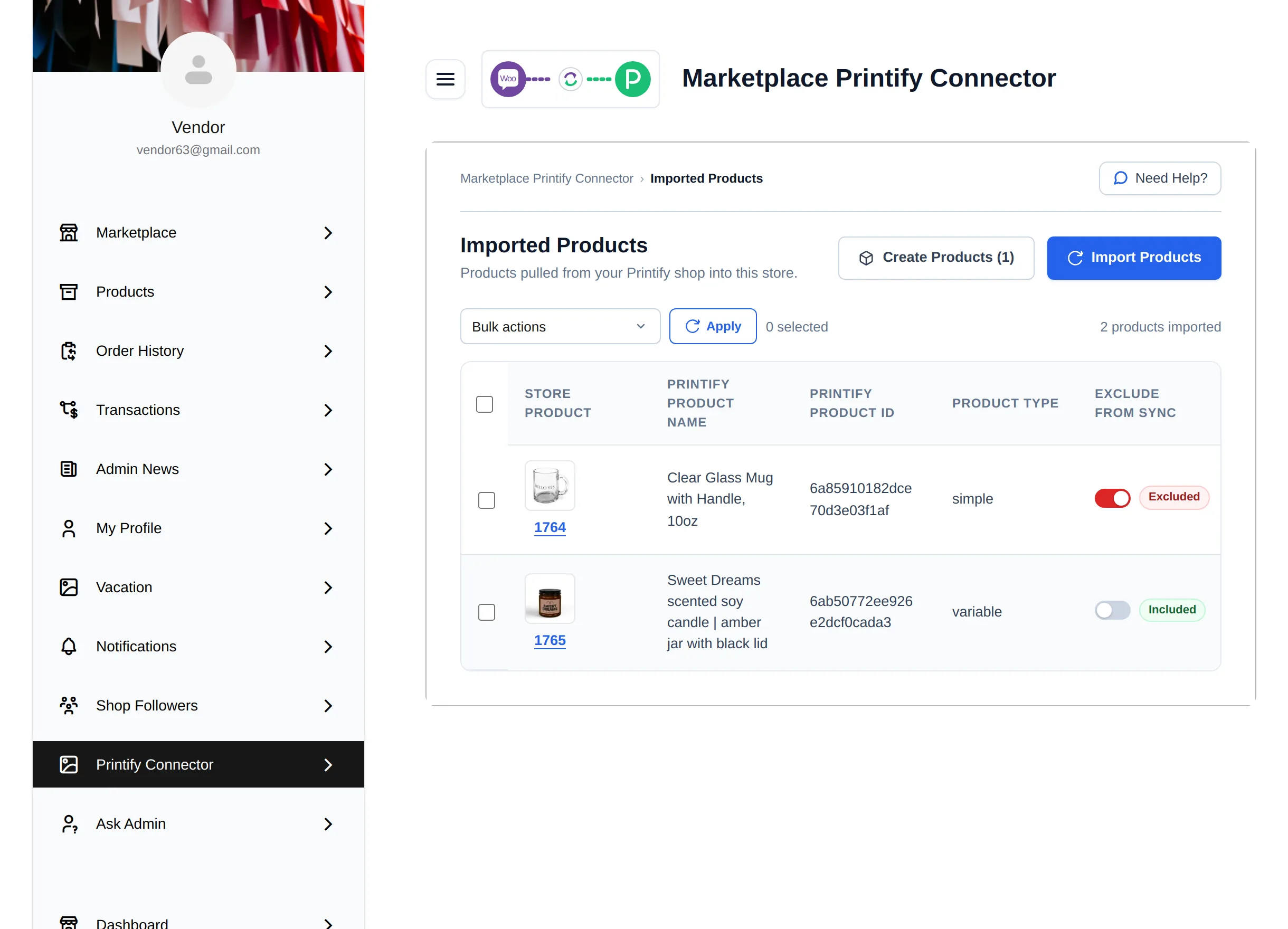 Vendor Imported Products screen