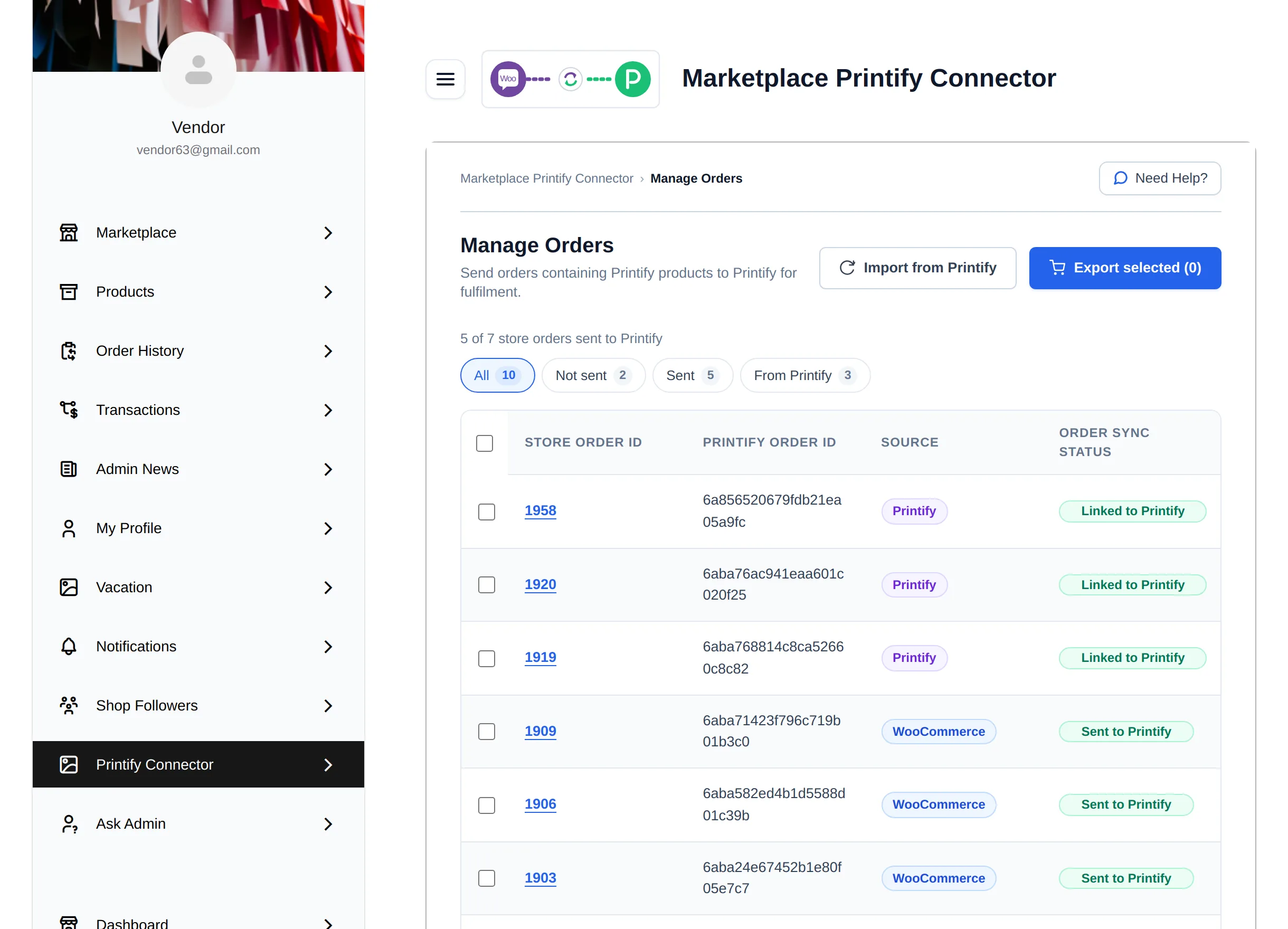 Vendor Manage Orders screen