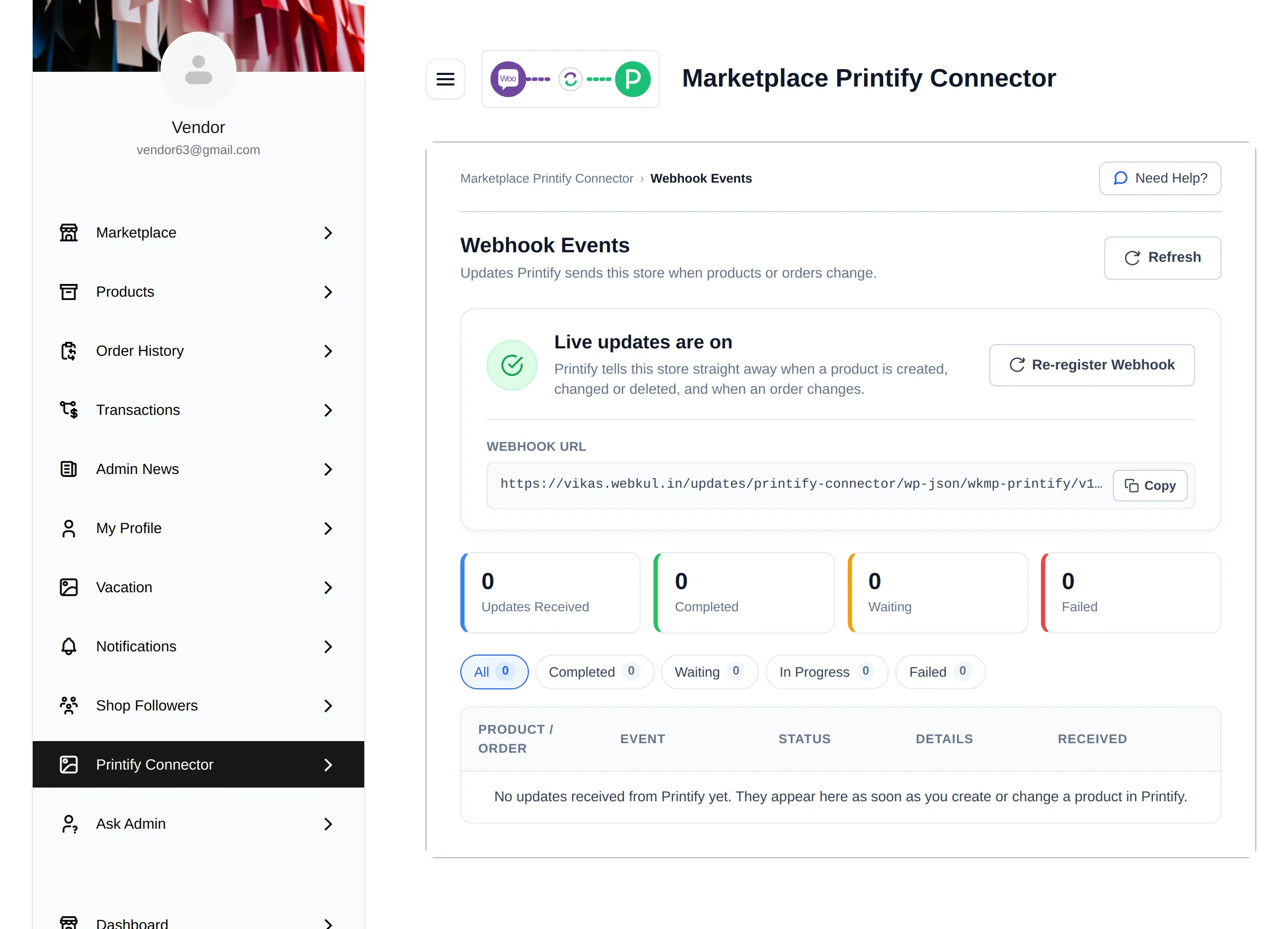 Vendor Webhook Events screen
