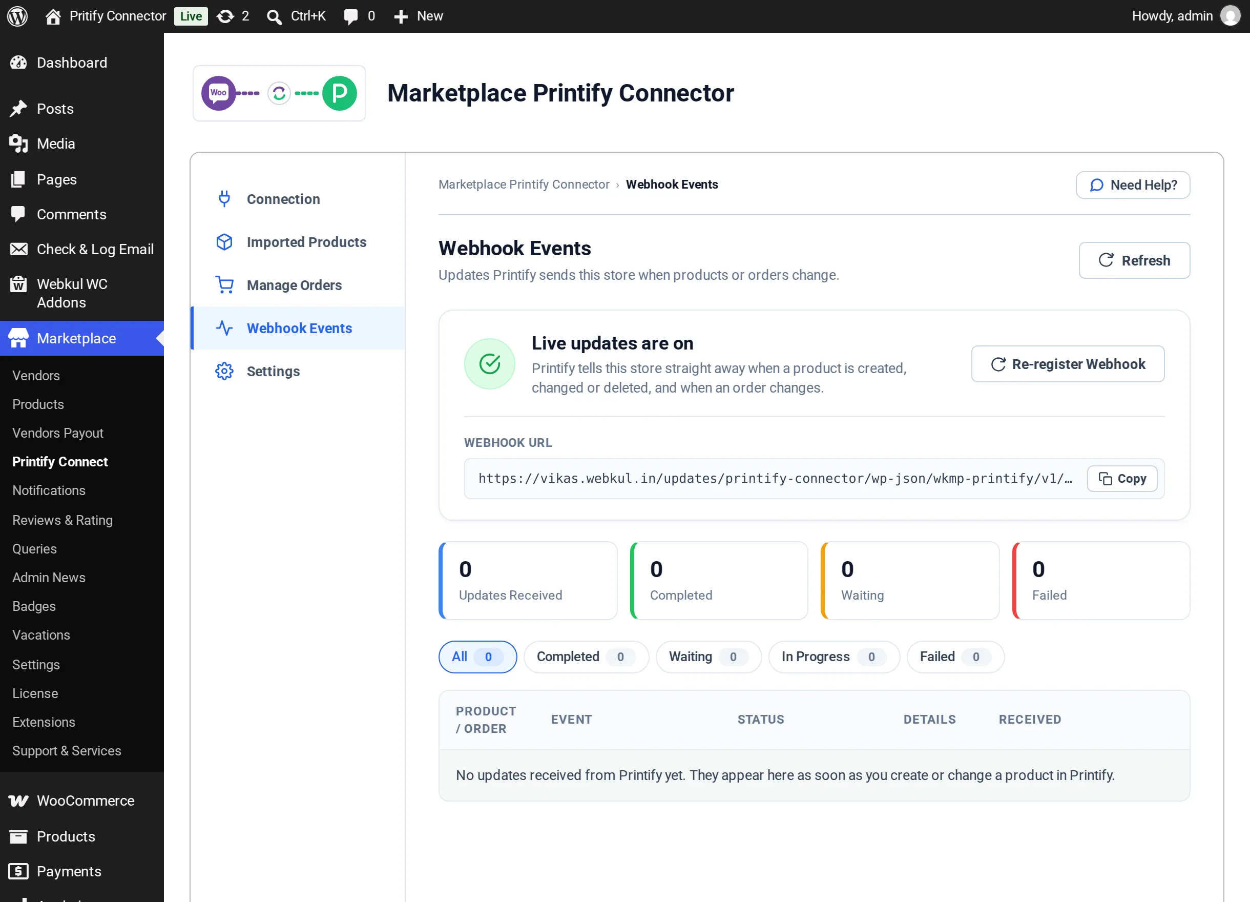 Webhook Events screen