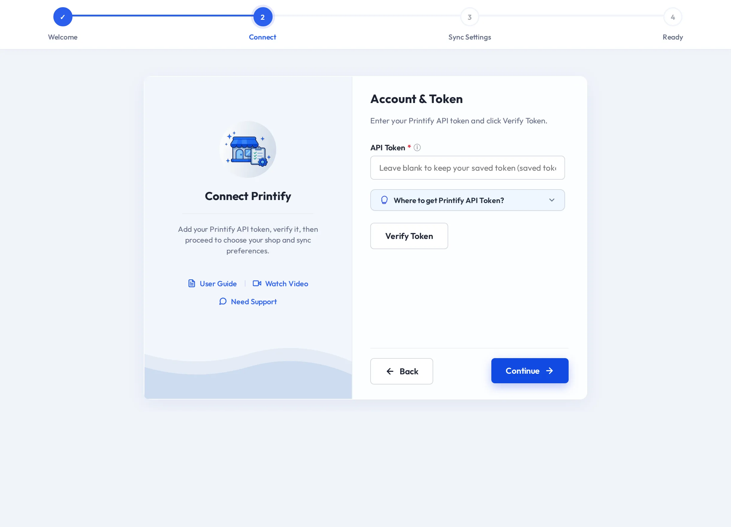 Connect step with the API Token field